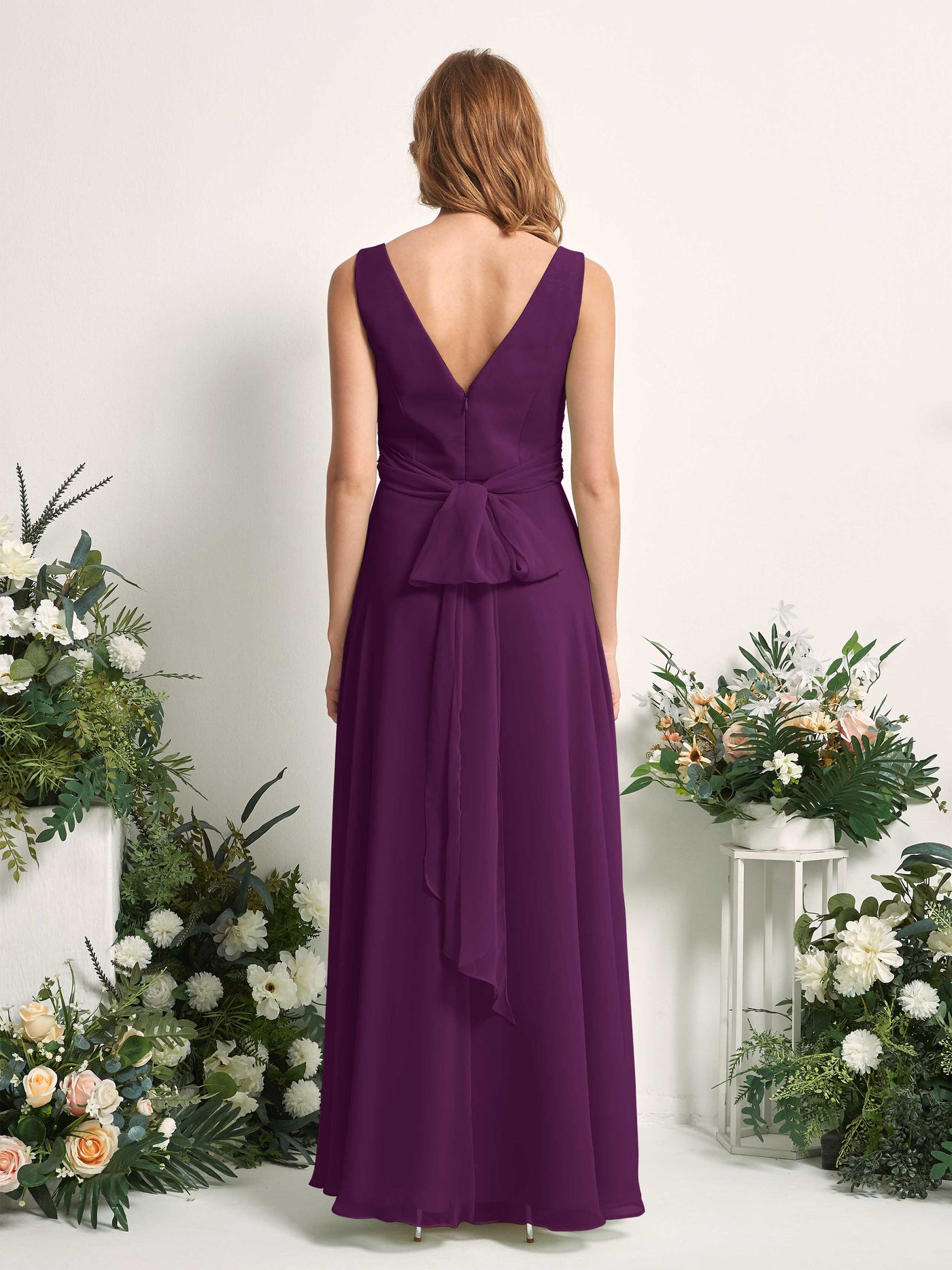 Bridesmaid Dress A-line Chiffon Straps Full Length Sleeveless Wedding Party Dress - Grape (81227331)#color_grape