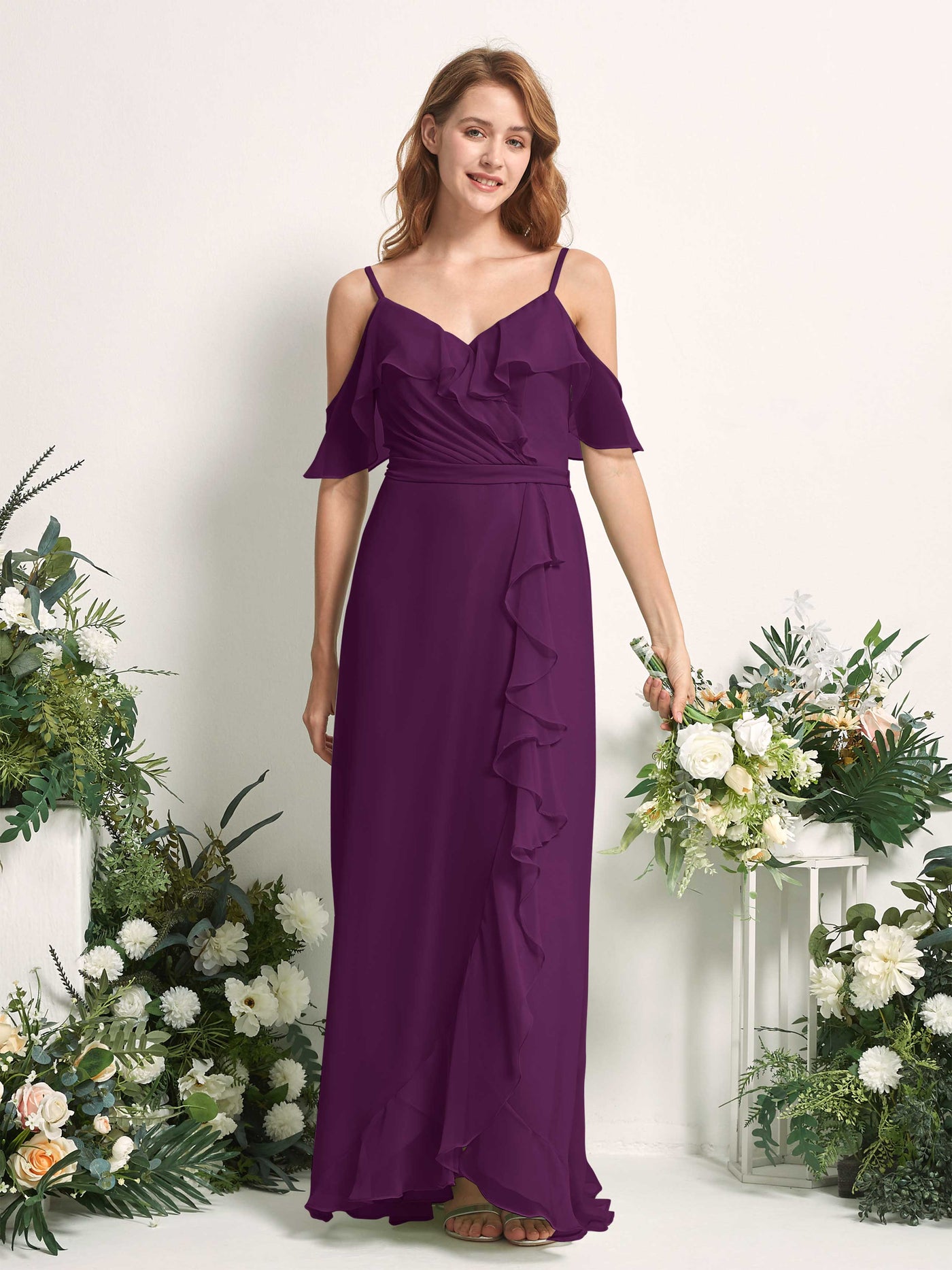 Bridesmaid Dress A-line Chiffon Spaghetti-straps Full Length Sleeveless Wedding Party Dress - Grape (81227431)#color_grape