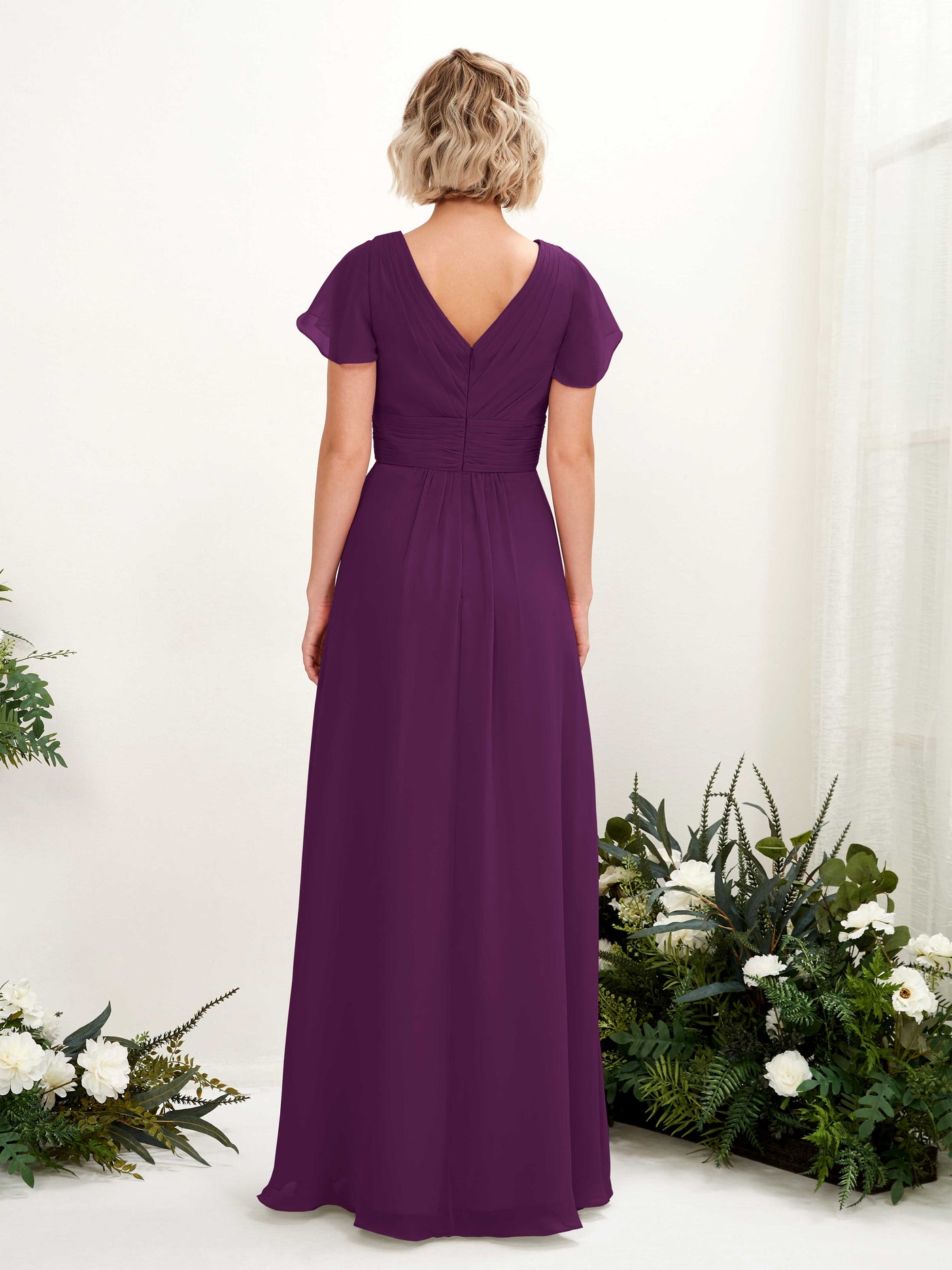 Grape Bridesmaid Dresses Bridesmaid Dress A-line Chiffon V-neck Full Length Short Sleeves Wedding Party Dress (81224331)#color_grape