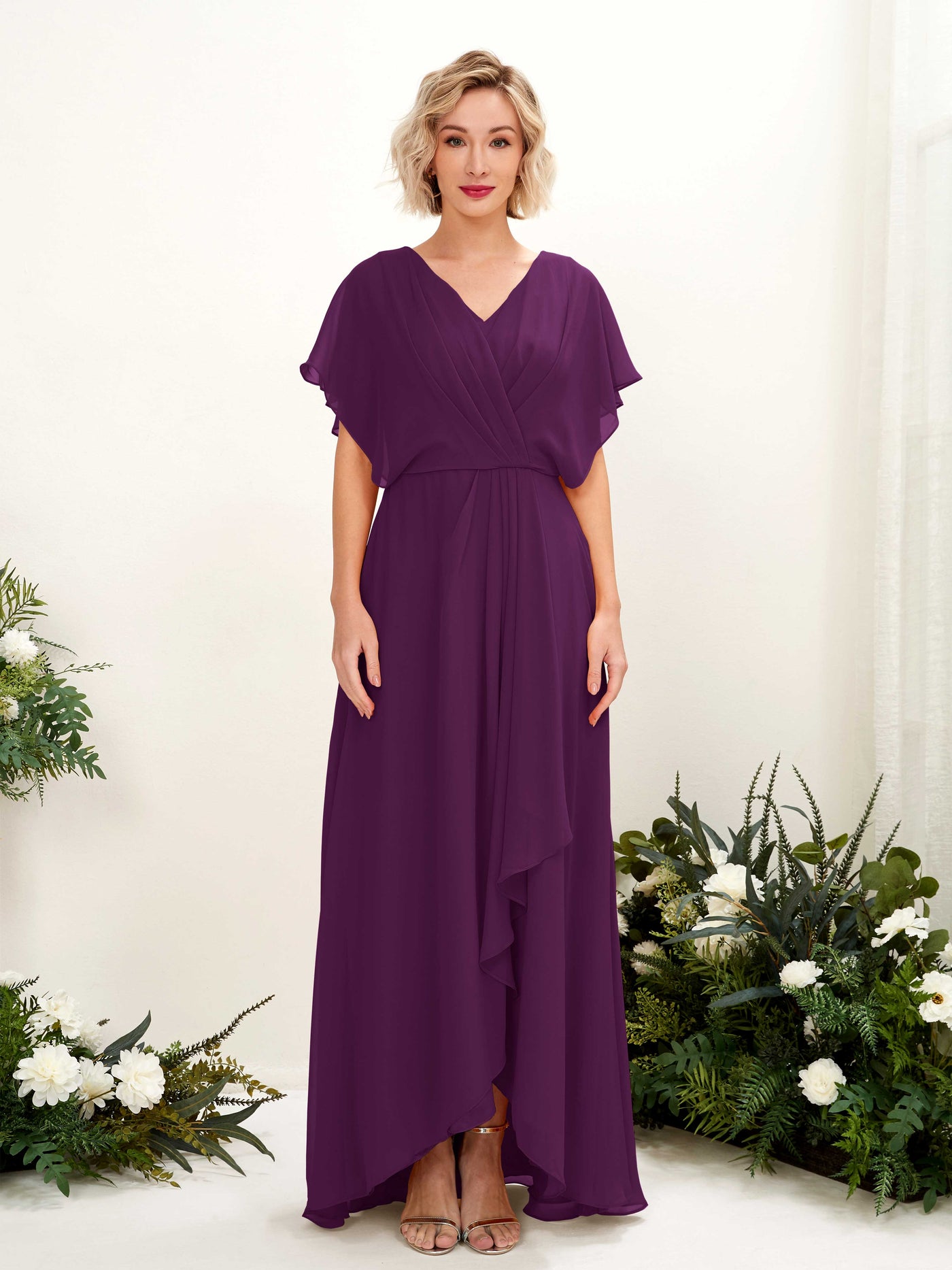 Grape Bridesmaid Dresses Bridesmaid Dress A-line Chiffon V-neck Full Length Short Sleeves Wedding Party Dress (81222131)#color_grape