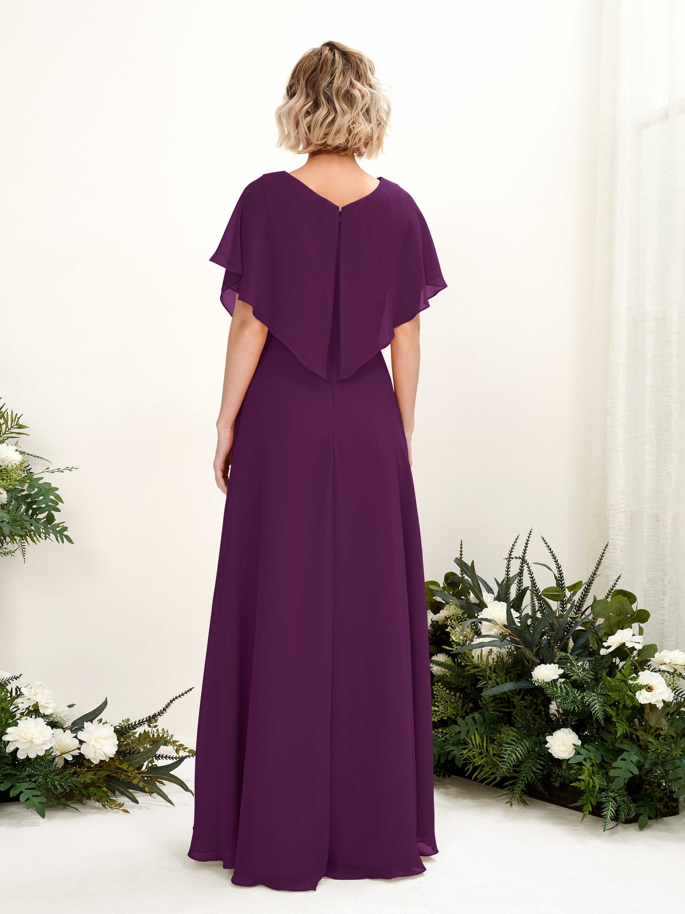 Grape Bridesmaid Dresses Bridesmaid Dress A-line Chiffon V-neck Full Length Short Sleeves Wedding Party Dress (81222131)#color_grape