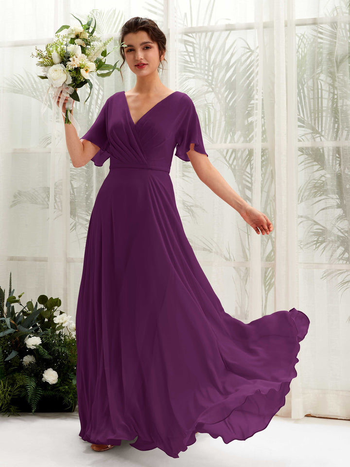 Grape Bridesmaid Dresses Bridesmaid Dress A-line Chiffon V-neck Full Length Short Sleeves Wedding Party Dress (81224631)