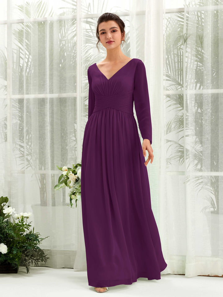 Grape Bridesmaid Dresses Bridesmaid Dress A-line Chiffon V-neck Full Length Long Sleeves Wedding Party Dress (81220331)