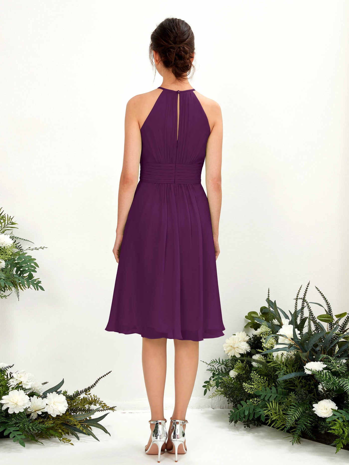 Grape Bridesmaid Dresses Bridesmaid Dress A-line Chiffon Halter Knee Length Sleeveless Wedding Party Dress (81220131)#color_grape