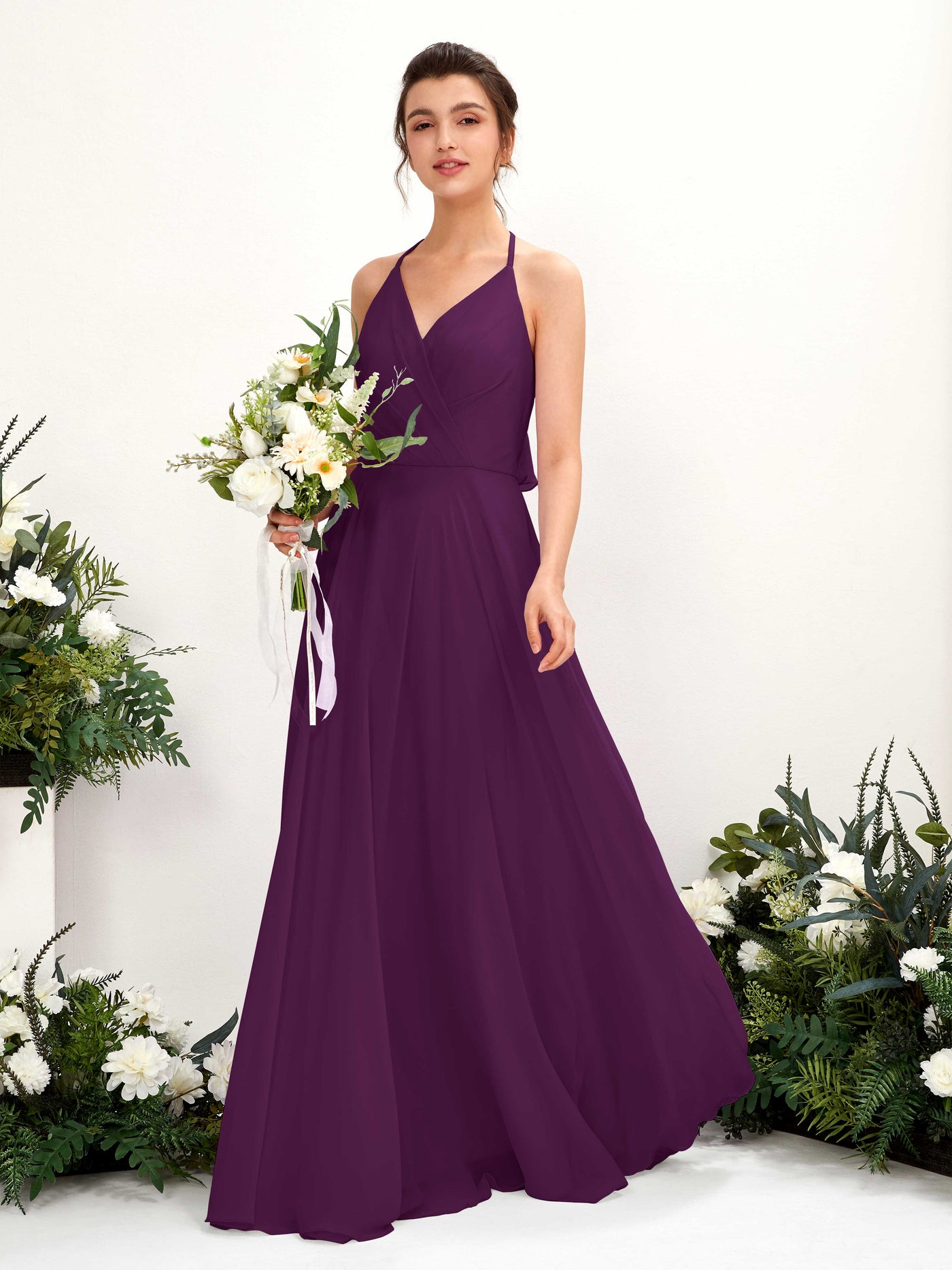 Halter V-neck Sleeveless Chiffon Bridesmaid Dress - Grape (81221031)#color_grape