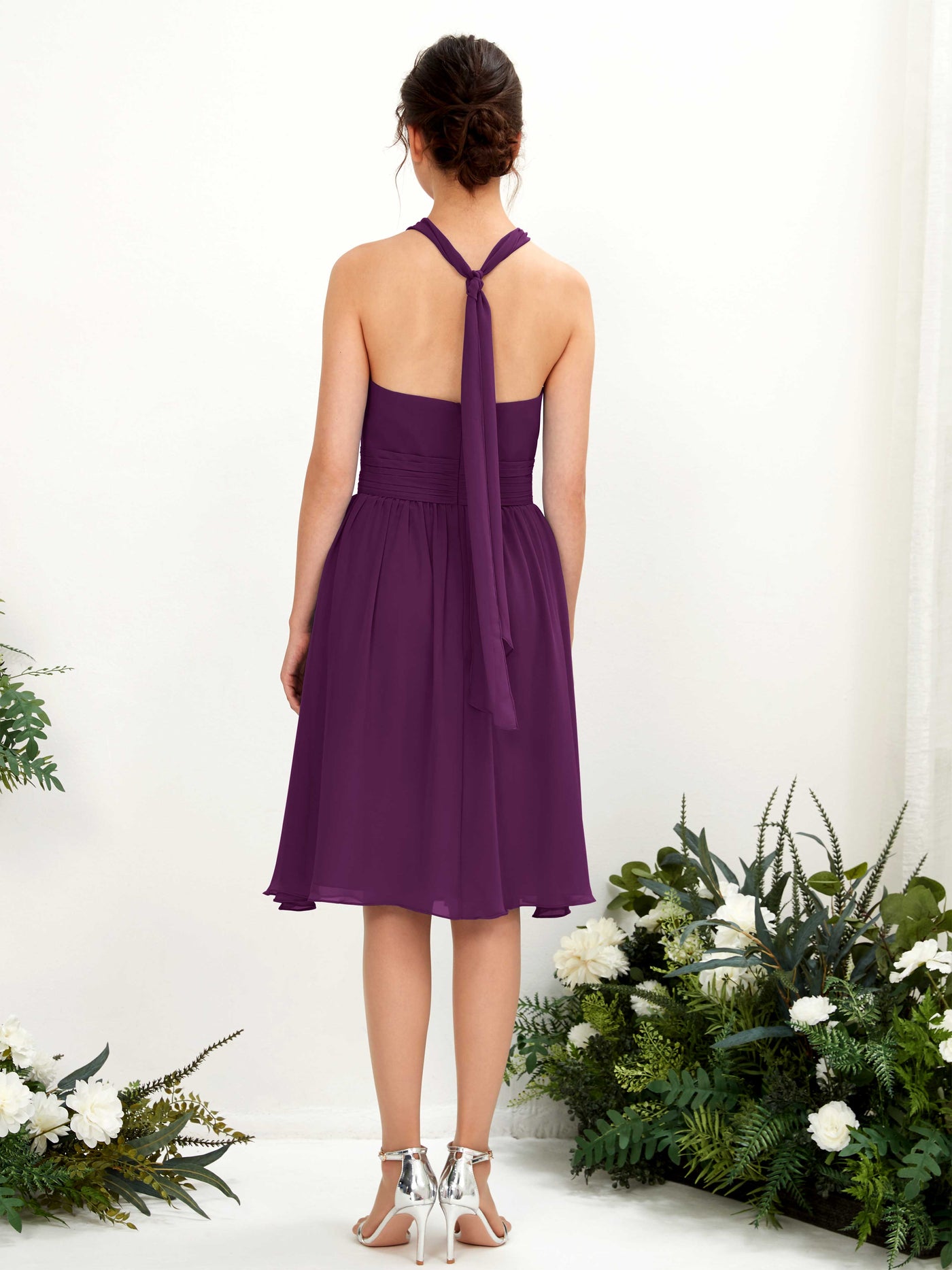 Grape Bridesmaid Dresses Bridesmaid Dress A-line Chiffon Halter Knee Length Sleeveless Wedding Party Dress (81222631)#color_grape