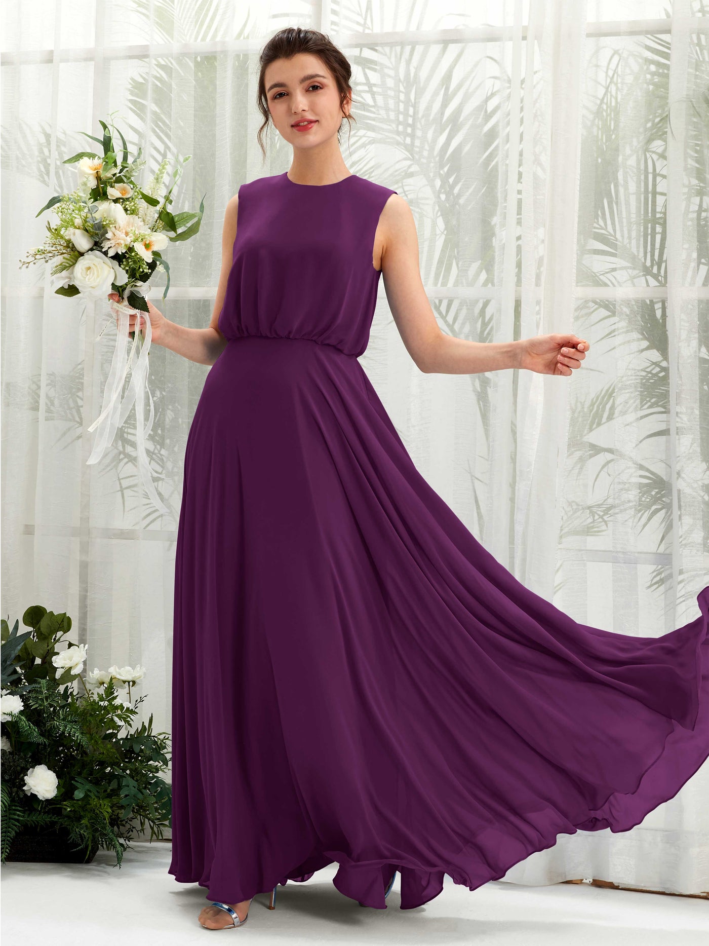 Grape Bridesmaid Dresses Bridesmaid Dress A-line Chiffon Round Full Length Sleeveless Wedding Party Dress (81222831)#color_grape