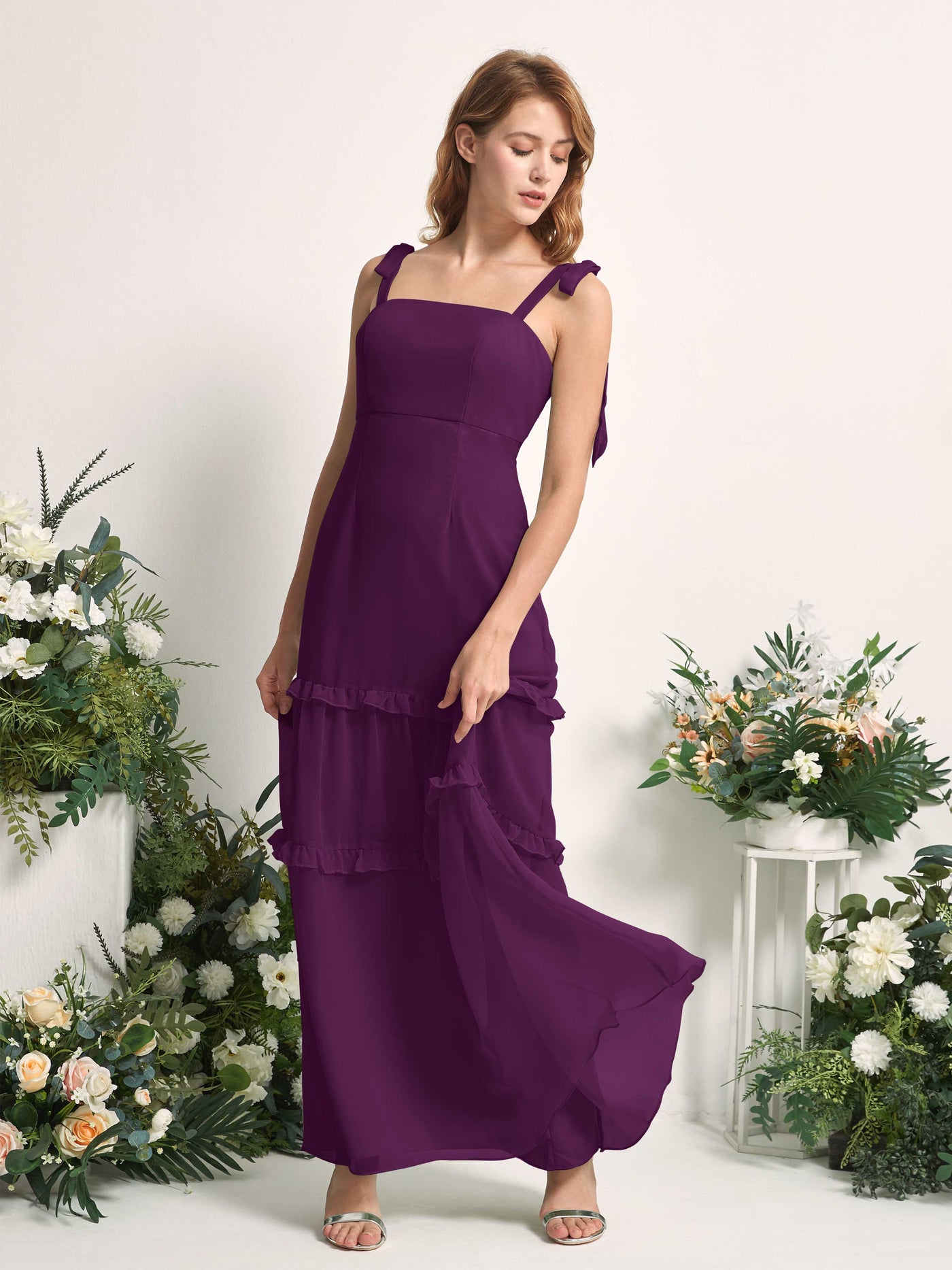 Bridesmaid Dress Chiffon Straps Full Length Sleeveless Wedding Party Dress - Grape (81227531)#color_grape