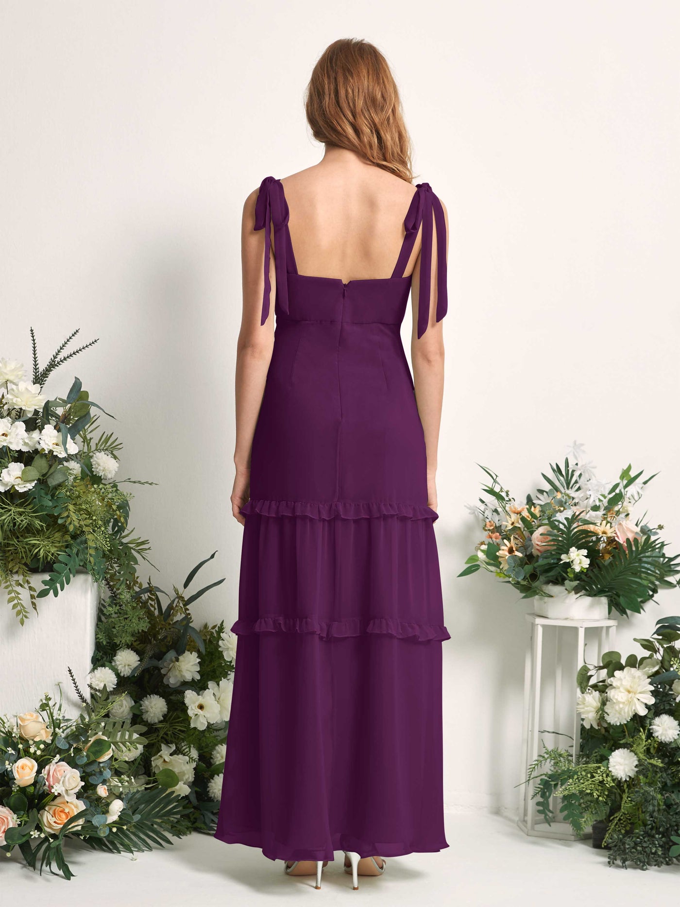 Bridesmaid Dress Chiffon Straps Full Length Sleeveless Wedding Party Dress - Grape (81227531)#color_grape