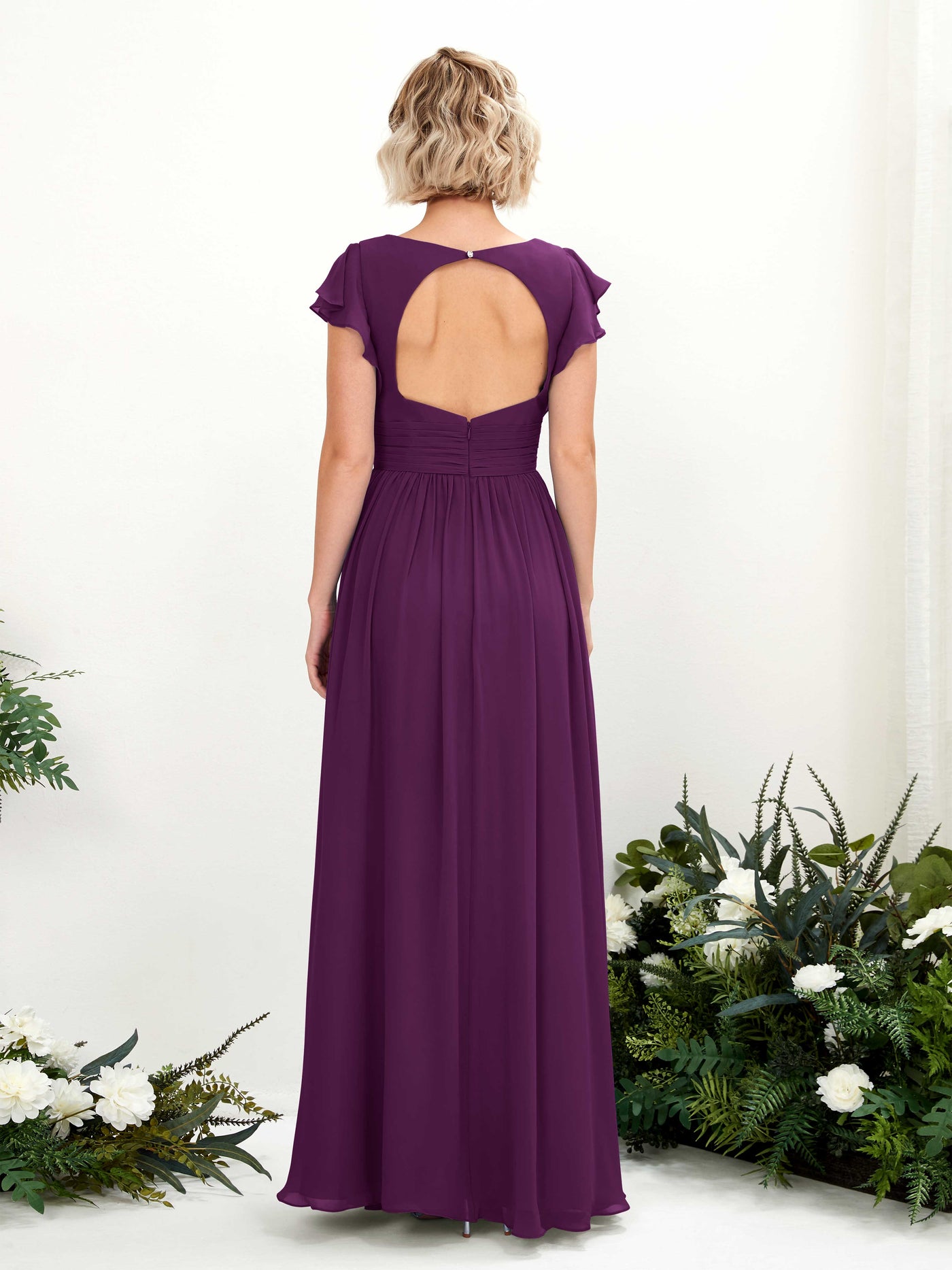 Grape Bridesmaid Dresses Bridesmaid Dress A-line Chiffon V-neck Full Length Short Sleeves Wedding Party Dress (81222731)#color_grape
