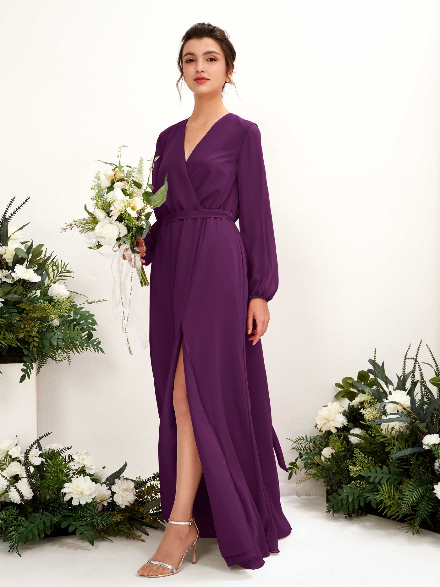 Grape Bridesmaid Dresses Bridesmaid Dress A-line Chiffon V-neck Full Length Long Sleeves Wedding Party Dress (81223231)#color_grape