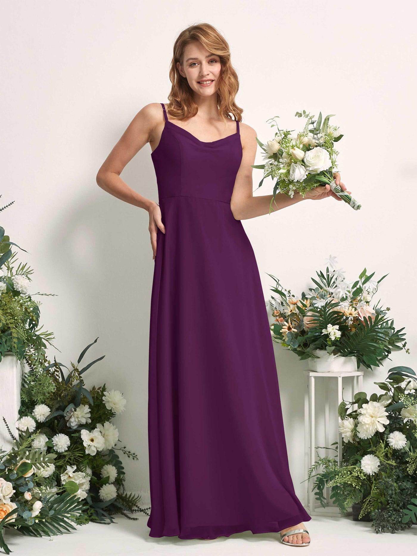 Bridesmaid Dress A-line Chiffon Spaghetti-straps Full Length Sleeveless Wedding Party Dress - Grape (81227231)#color_grape