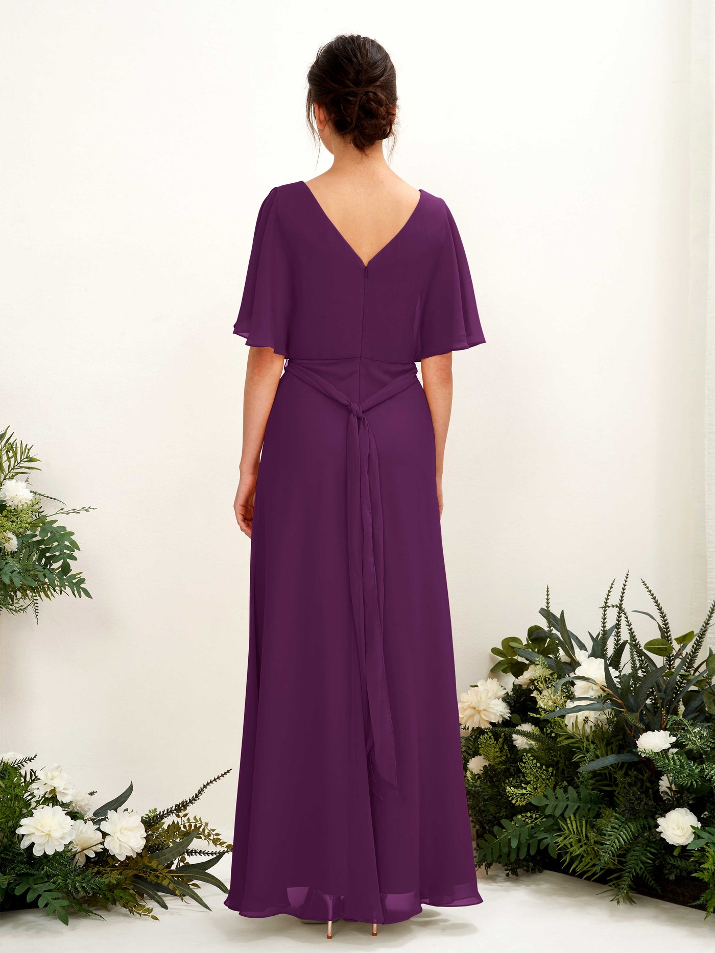 Grape Bridesmaid Dresses Bridesmaid Dress A-line Chiffon V-neck Full Length Short Sleeves Wedding Party Dress (81222431)#color_grape