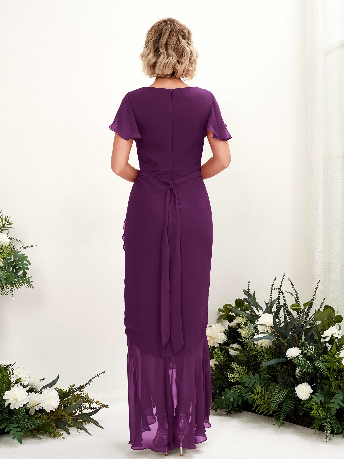 V-neck Short Sleeves Chiffon Bridesmaid Dress - Grape (81226231)#color_grape