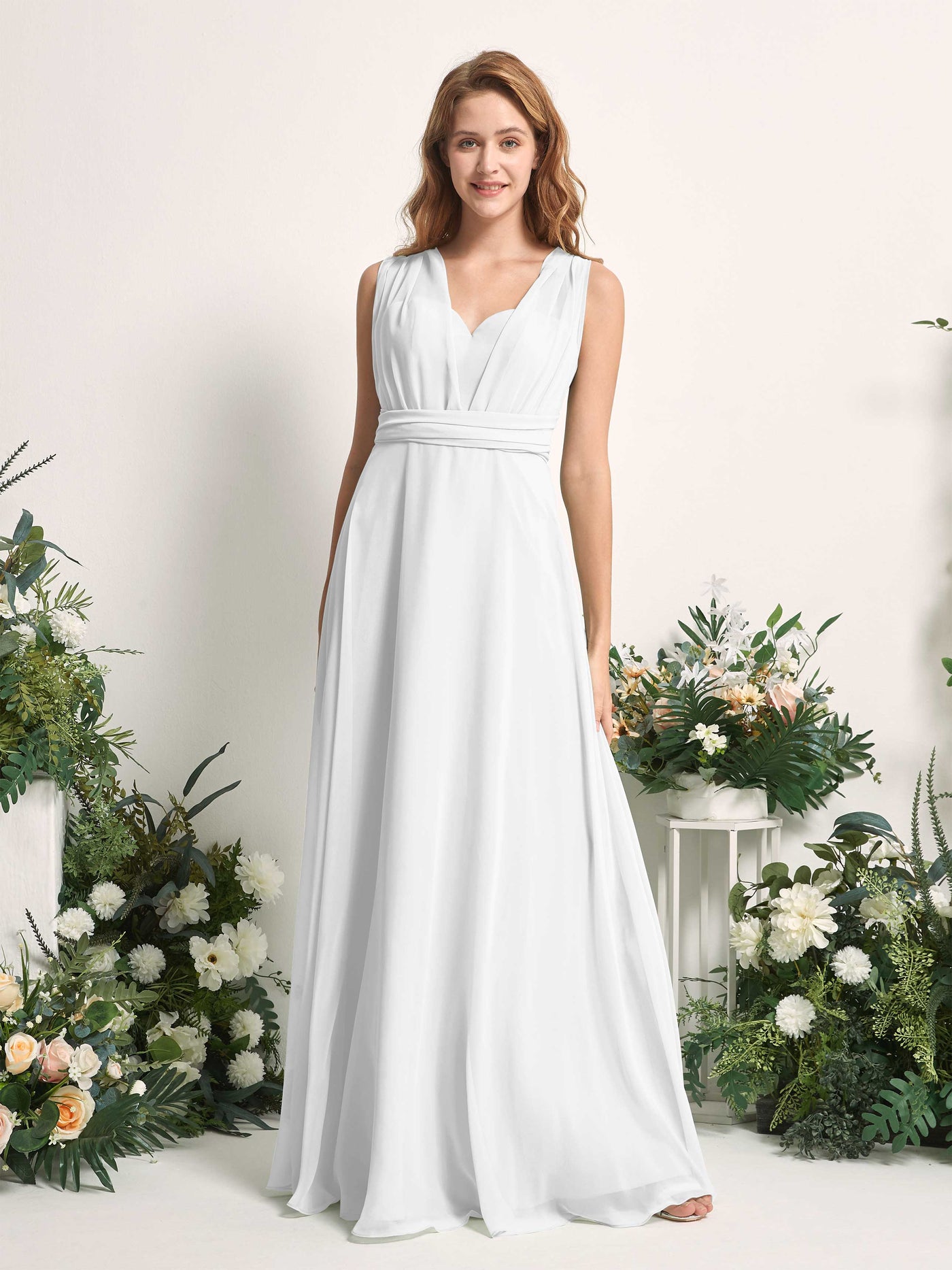 White Bridesmaid Dresses Bridesmaid Dress A-line Chiffon Halter Full Length Short Sleeves Wedding Party Dress (81226342)#color_white