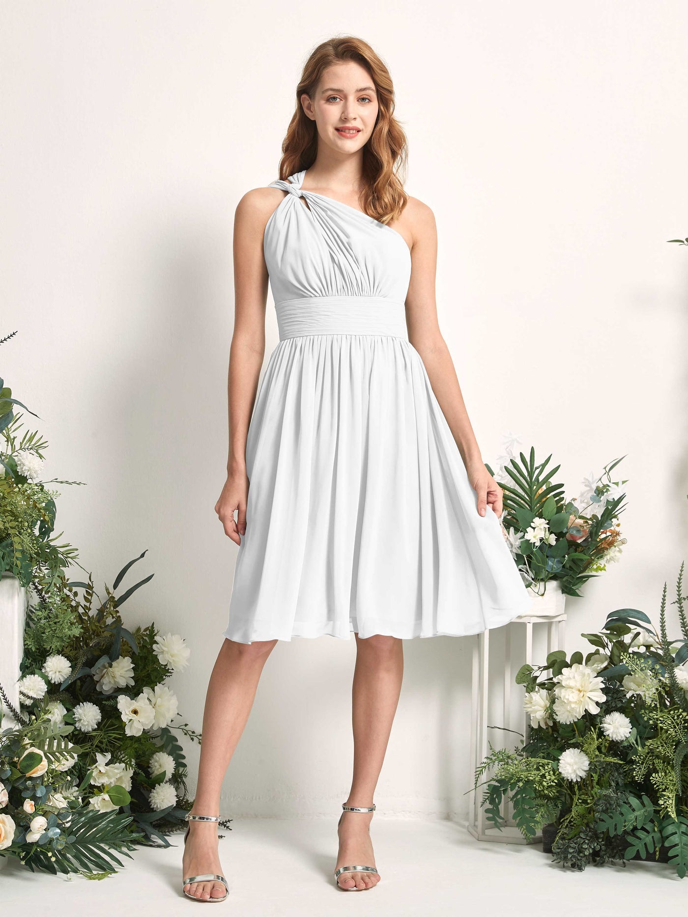 Bridesmaid Dress A-line Chiffon One Shoulder Knee Length Sleeveless Wedding Party Dress - White (81221242)#color_white
