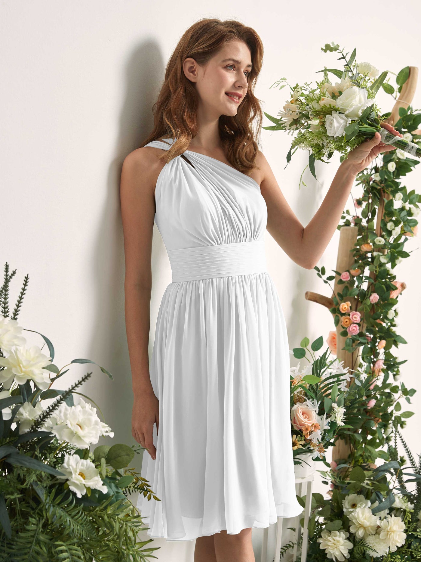 Bridesmaid Dress A-line Chiffon One Shoulder Knee Length Sleeveless Wedding Party Dress - White (81221242)#color_white