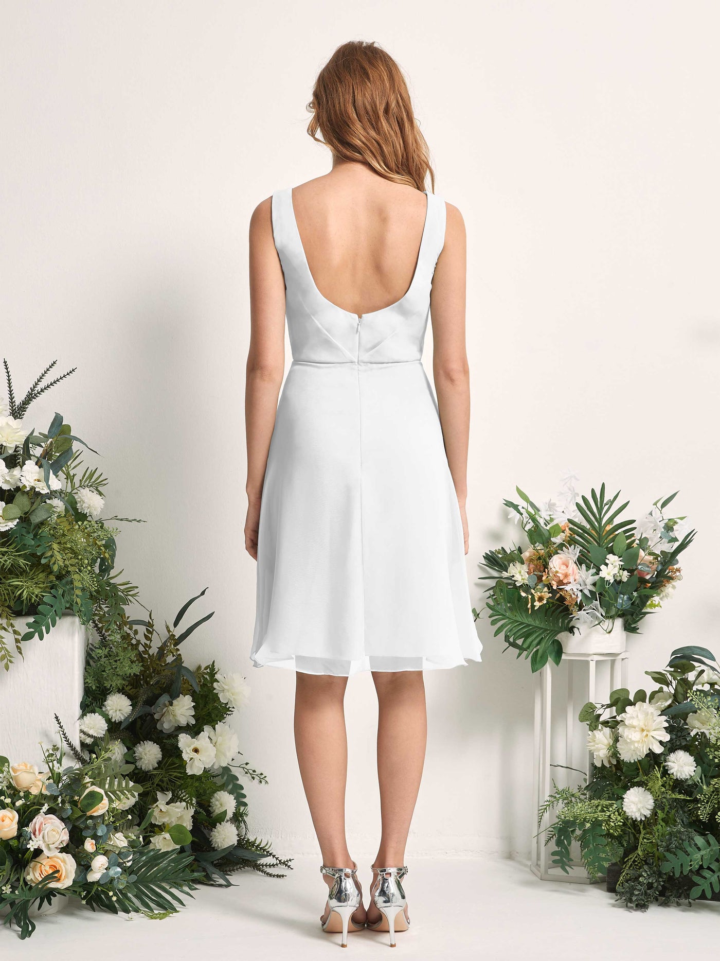 Bridesmaid Dress A-line Chiffon Straps Knee Length Sleeveless Wedding Party Dress - White (81226642)#color_white
