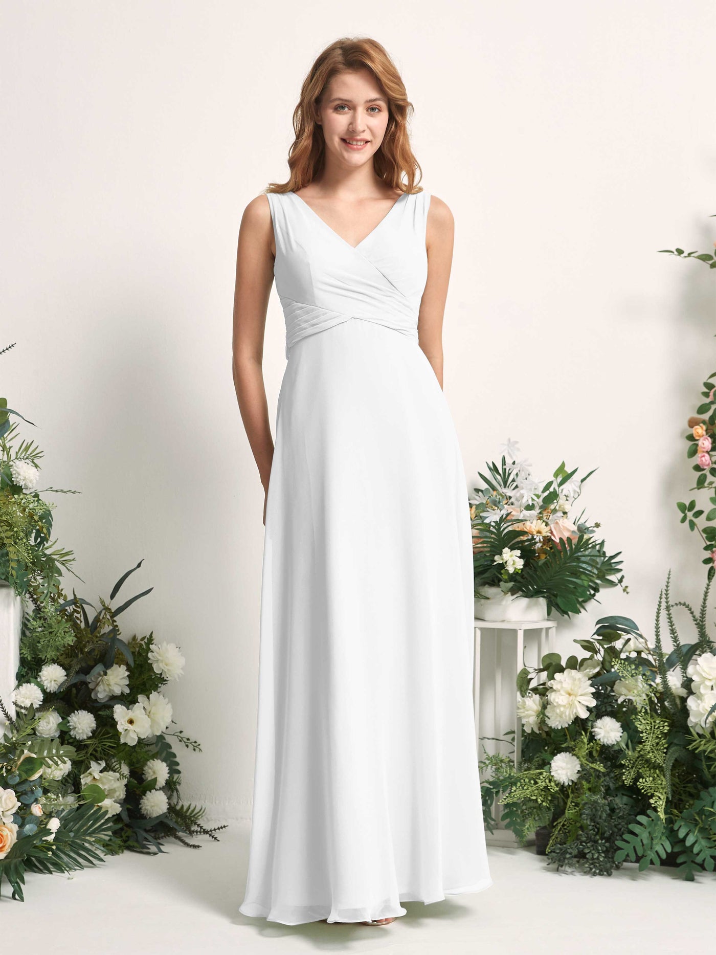 Bridesmaid Dress A-line Chiffon Straps Full Length Sleeveless Wedding Party Dress - White (81227342)#color_white