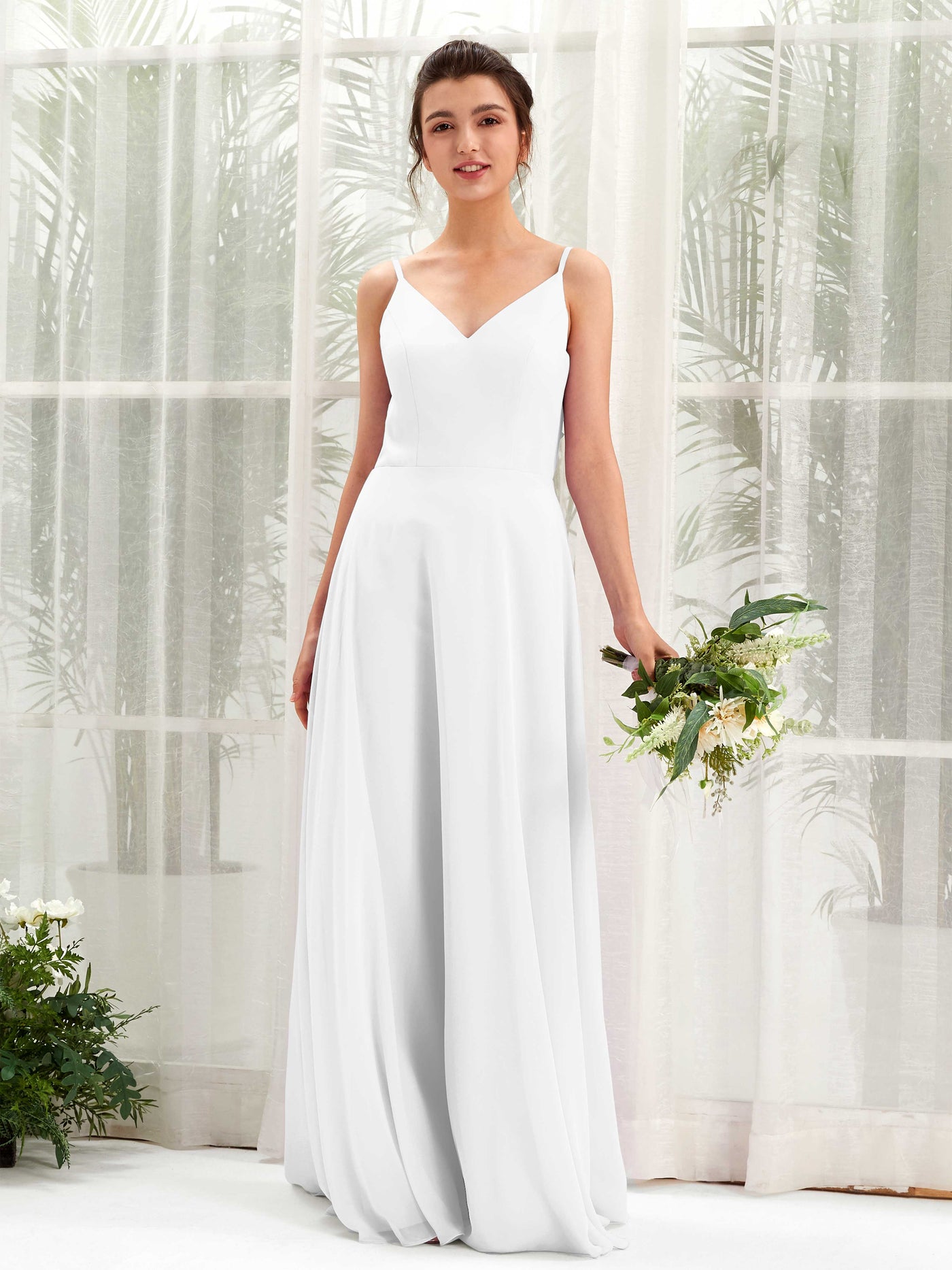 White Bridesmaid Dresses Bridesmaid Dress A-line Chiffon Spaghetti-straps Full Length Sleeveless Wedding Party Dress (81220642)#color_white