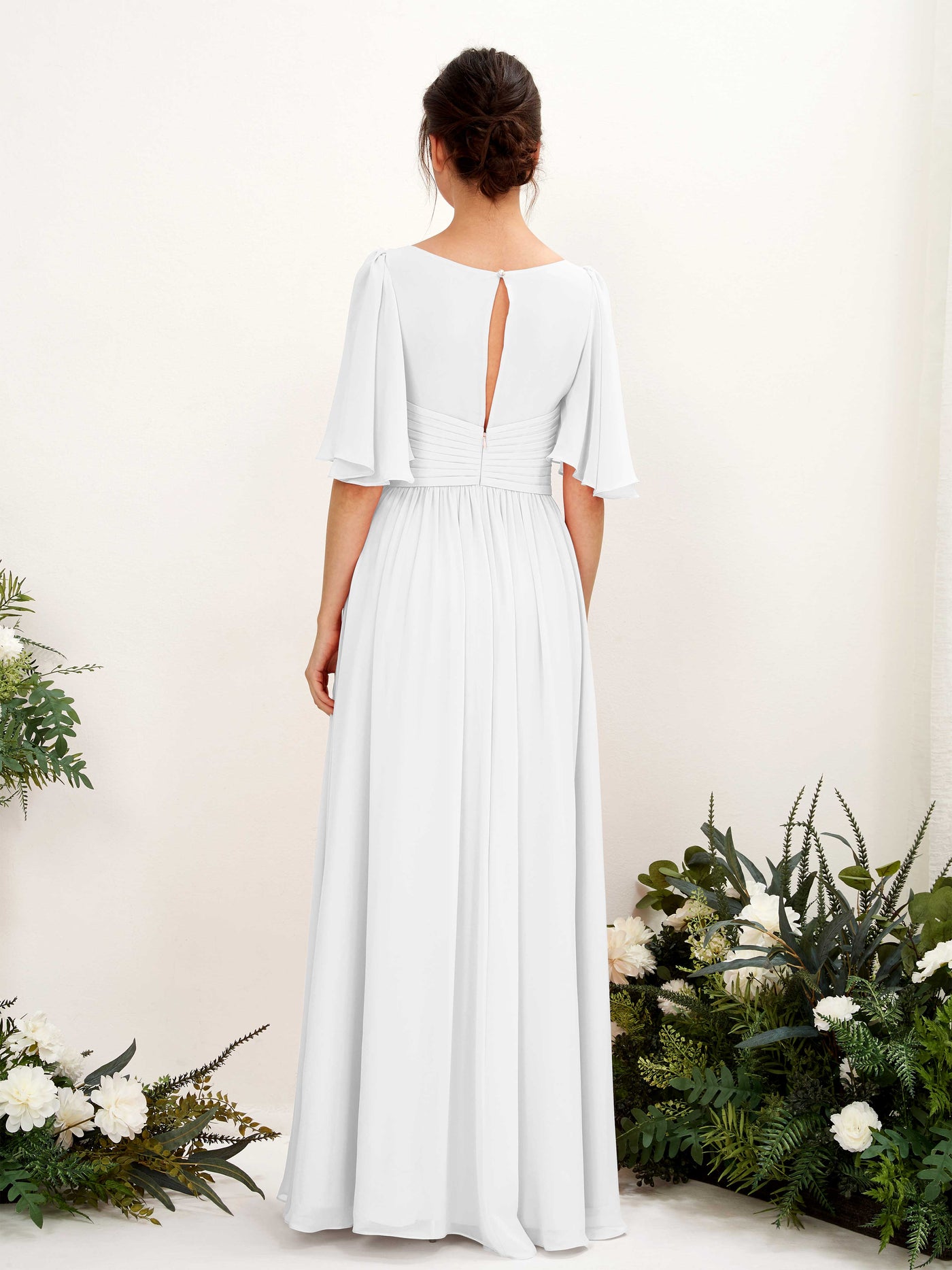 White Bridesmaid Dresses Bridesmaid Dress A-line Chiffon V-neck Full Length 1/2 Sleeves Wedding Party Dress (81221642)#color_white