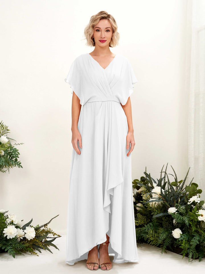 White Bridesmaid Dresses Bridesmaid Dress A-line Chiffon V-neck Full Length Short Sleeves Wedding Party Dress (81222142)