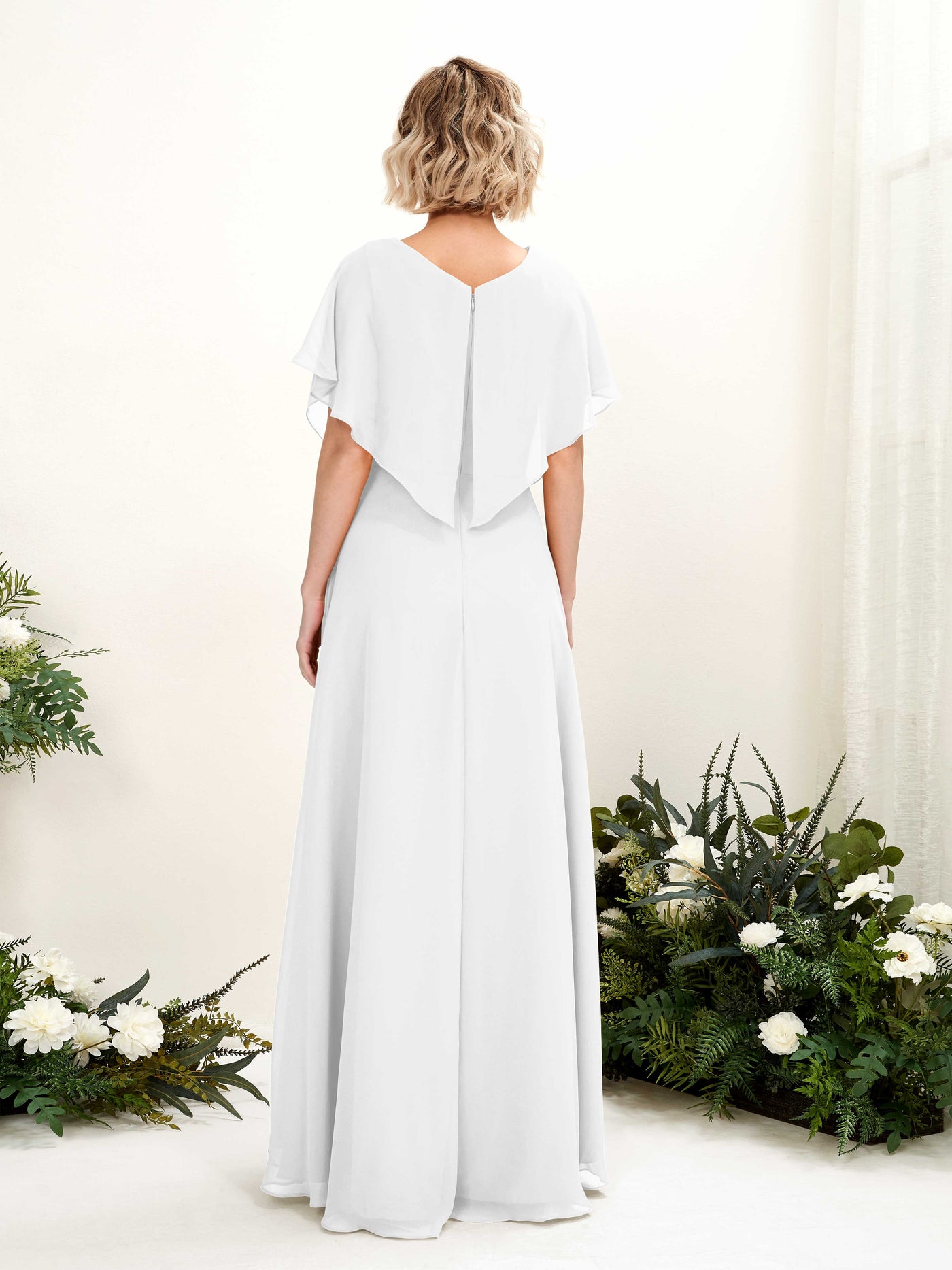 White Bridesmaid Dresses Bridesmaid Dress A-line Chiffon V-neck Full Length Short Sleeves Wedding Party Dress (81222142)#color_white