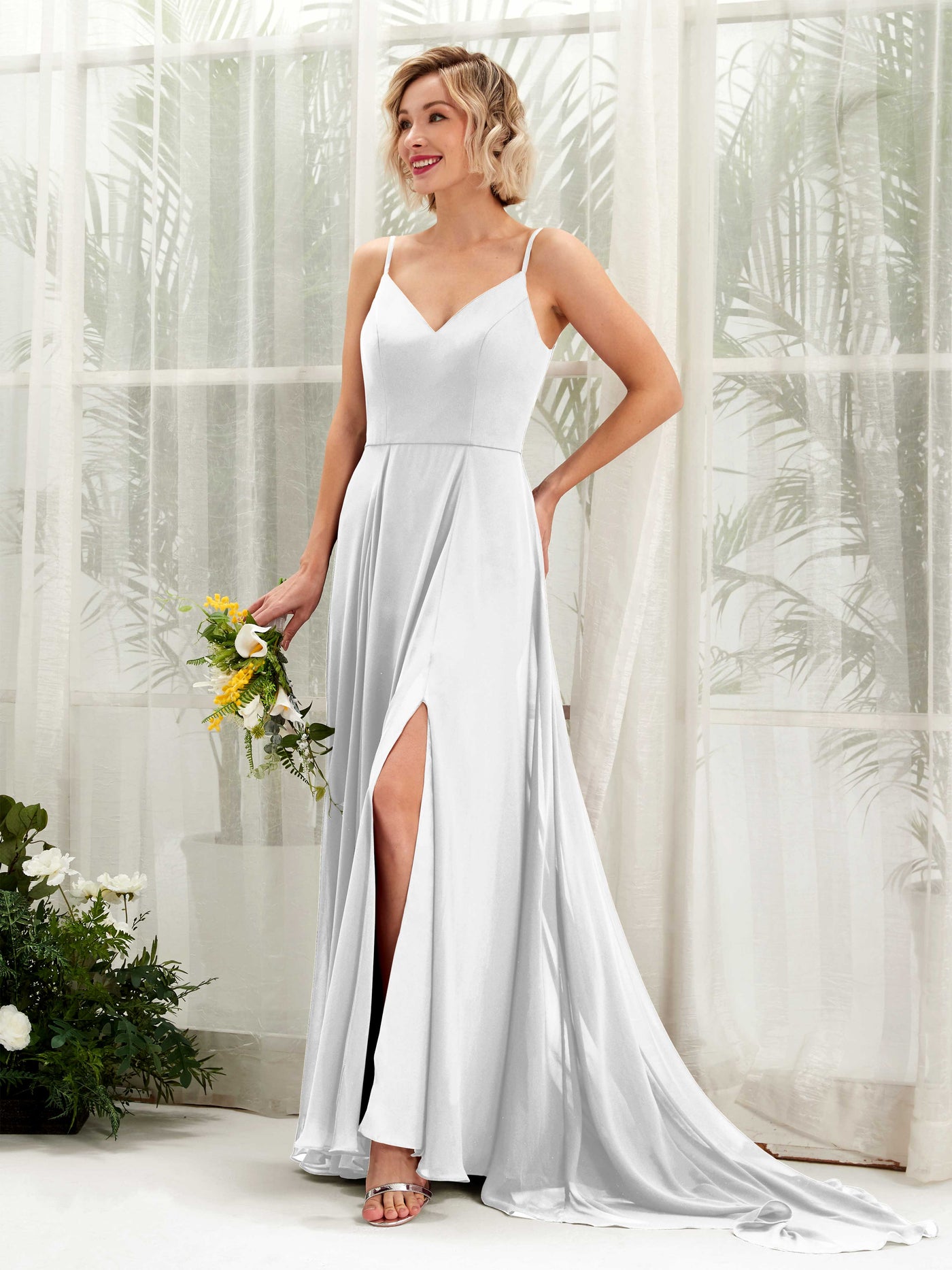 White Bridesmaid Dresses Bridesmaid Dress A-line Chiffon V-neck Full Length Sleeveless Wedding Party Dress (81224142)#color_white