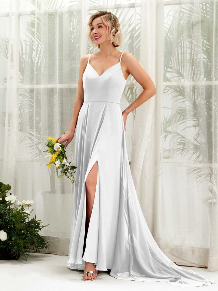 White Bridesmaid Dresses Bridesmaid Dress A-line Chiffon V-neck Full Length Sleeveless Wedding Party Dress (81224142)