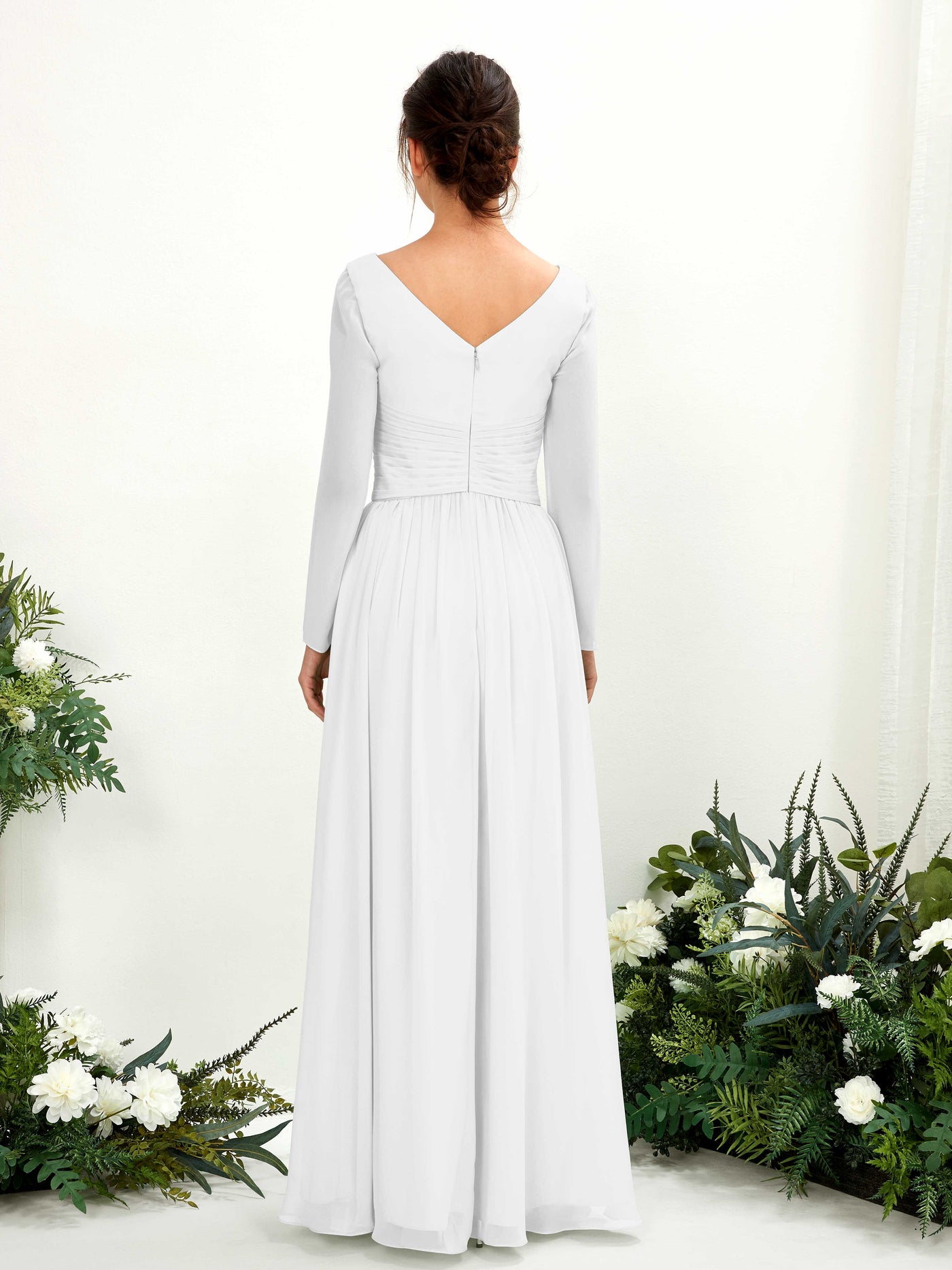 White Bridesmaid Dresses Bridesmaid Dress A-line Chiffon V-neck Full Length Long Sleeves Wedding Party Dress (81220342)#color_white