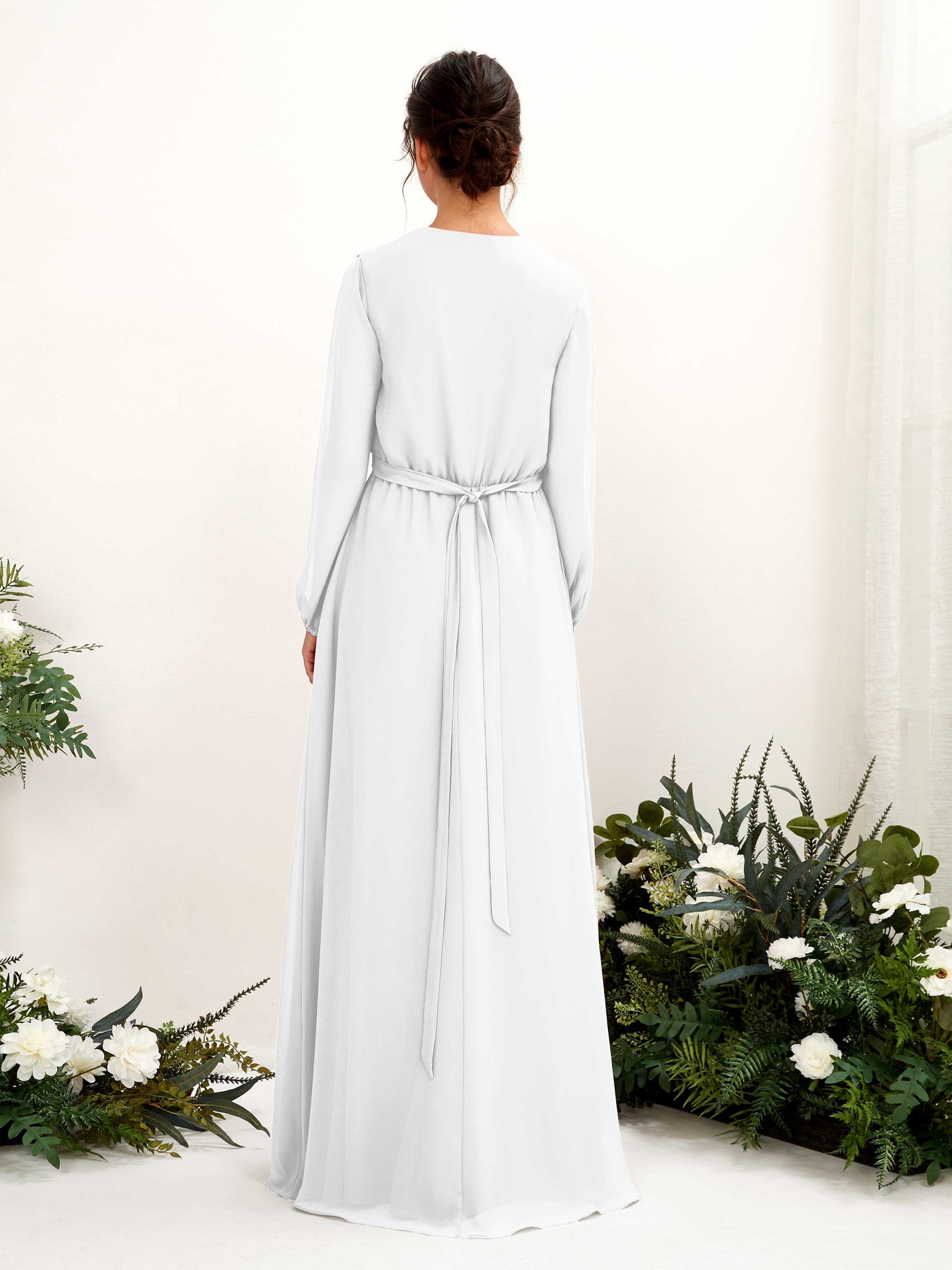 White Bridesmaid Dresses Bridesmaid Dress A-line Chiffon V-neck Full Length Long Sleeves Wedding Party Dress (81223242)#color_white