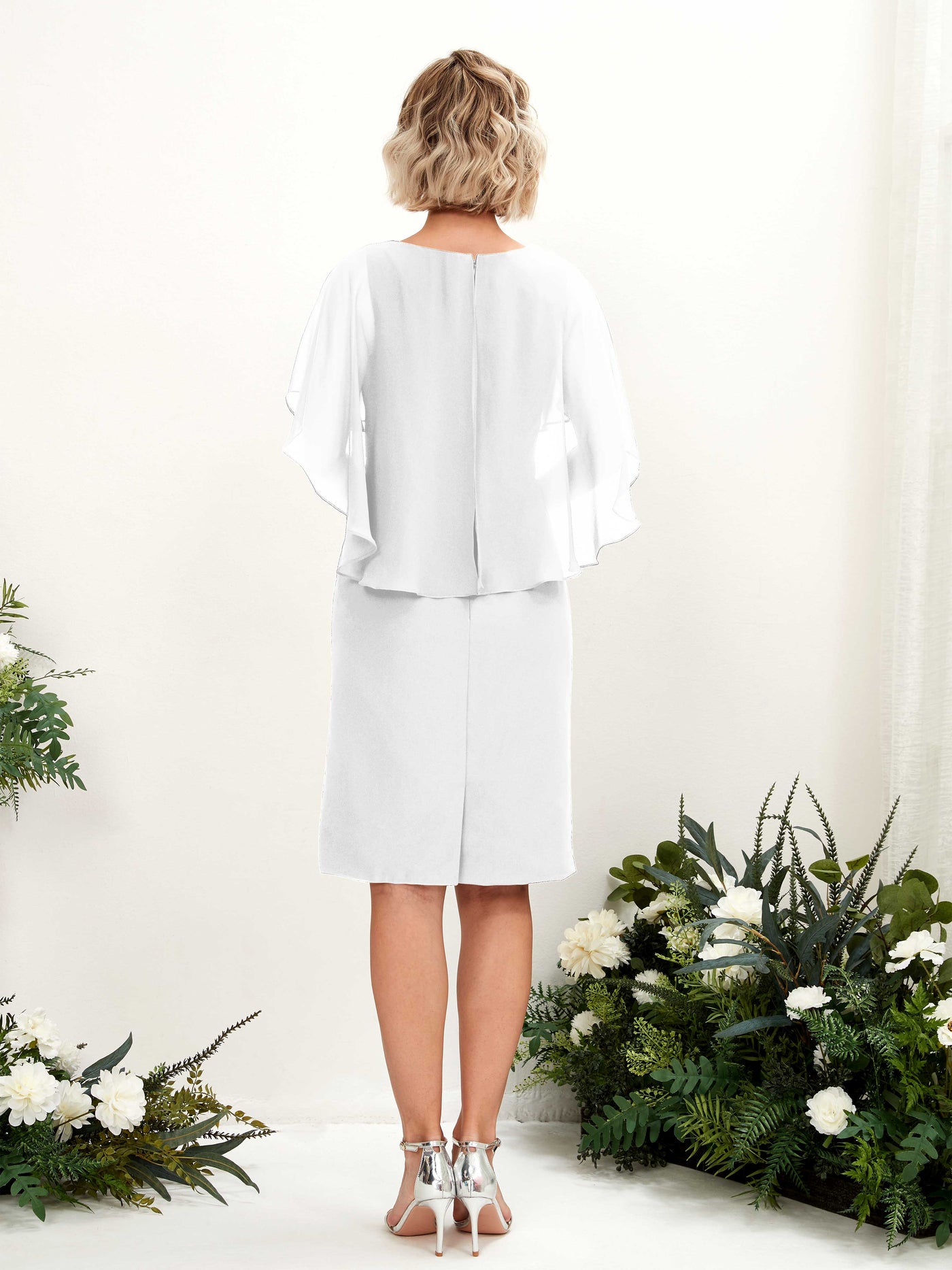 White Bridesmaid Dresses Bridesmaid Dress Chiffon V-neck Knee Length Short Sleeves Wedding Party Dress (81224042)#color_white