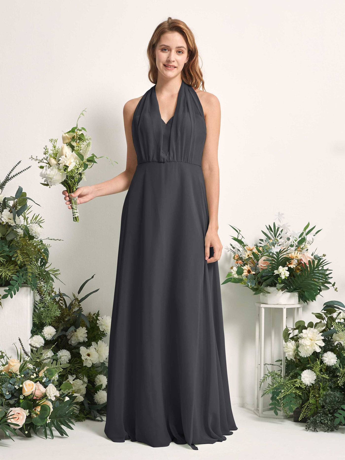 Pewter Bridesmaid Dresses Bridesmaid Dress A-line Chiffon Halter Full Length Short Sleeves Wedding Party Dress (81226338)#color_pewter