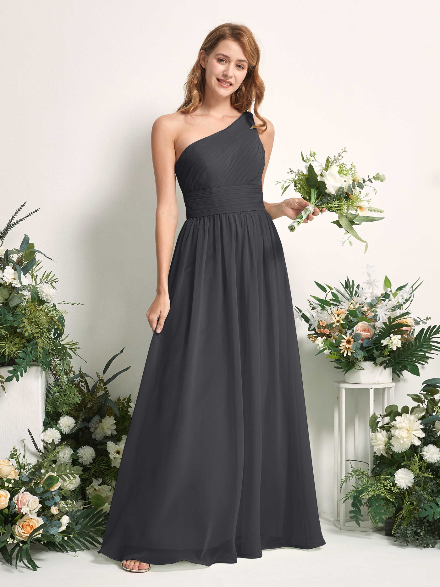 Bridesmaid Dress A-line Chiffon One Shoulder Full Length Sleeveless Wedding Party Dress - Pewter (81226738)#color_pewter