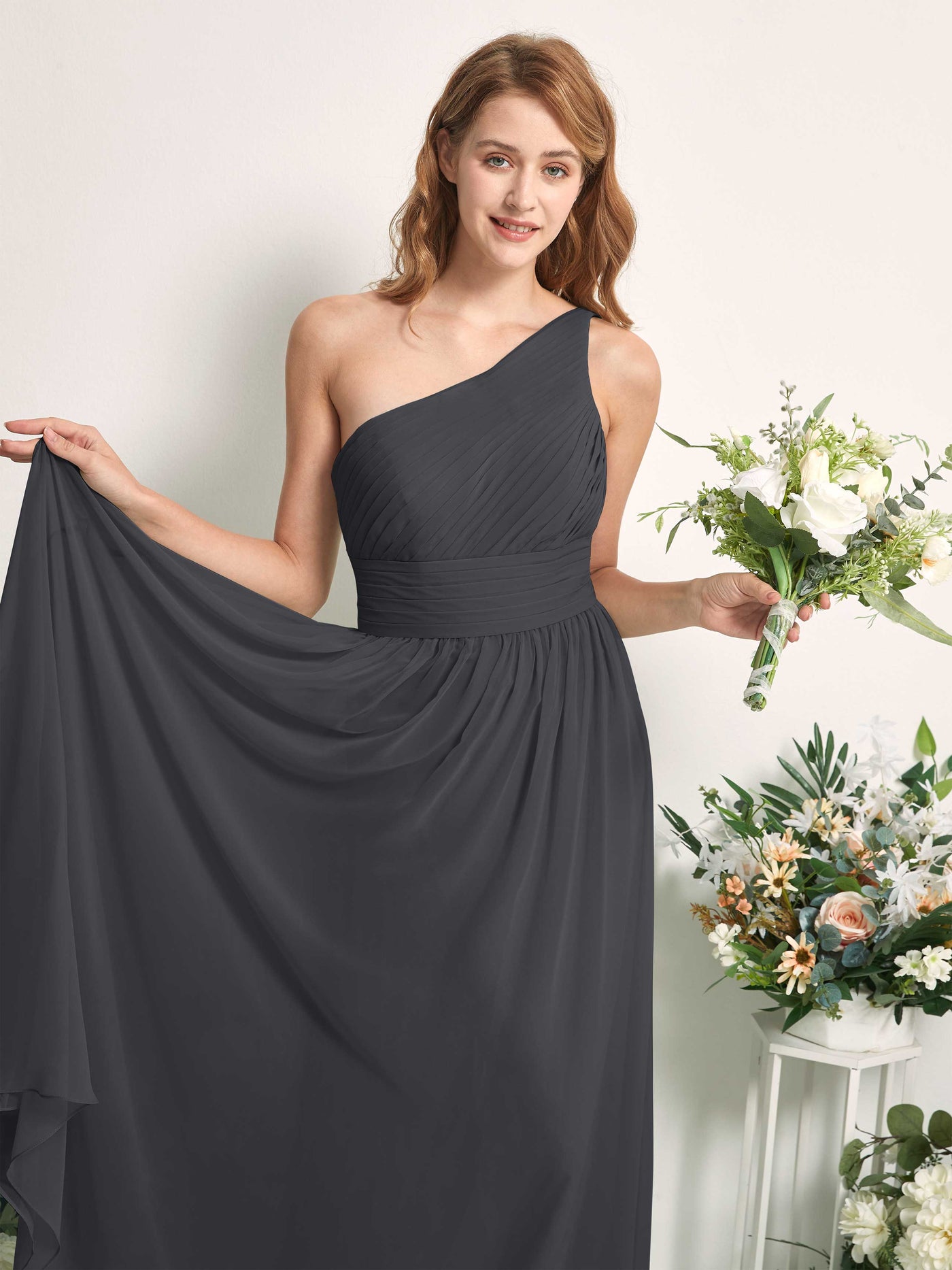 Bridesmaid Dress A-line Chiffon One Shoulder Full Length Sleeveless Wedding Party Dress - Pewter (81226738)#color_pewter