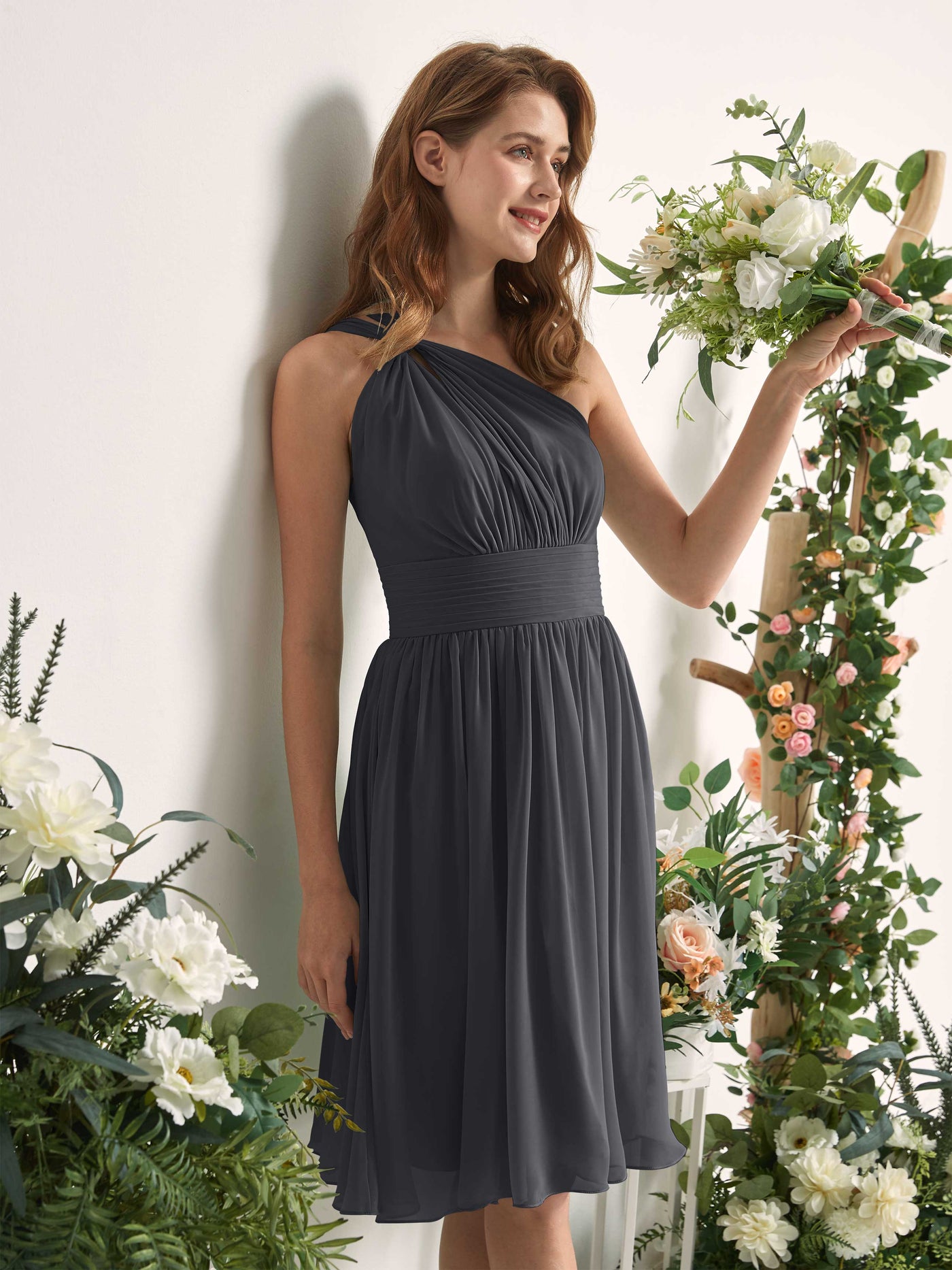 Bridesmaid Dress A-line Chiffon One Shoulder Knee Length Sleeveless Wedding Party Dress - Pewter (81221238)#color_pewter