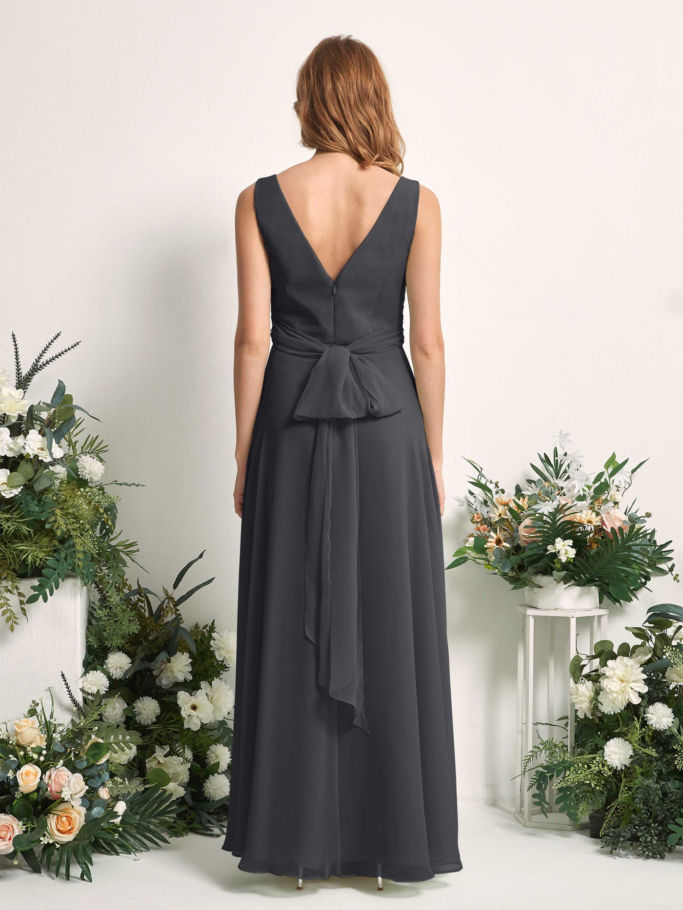 Bridesmaid Dress A-line Chiffon Straps Full Length Sleeveless Wedding Party Dress - Pewter (81227338)#color_pewter