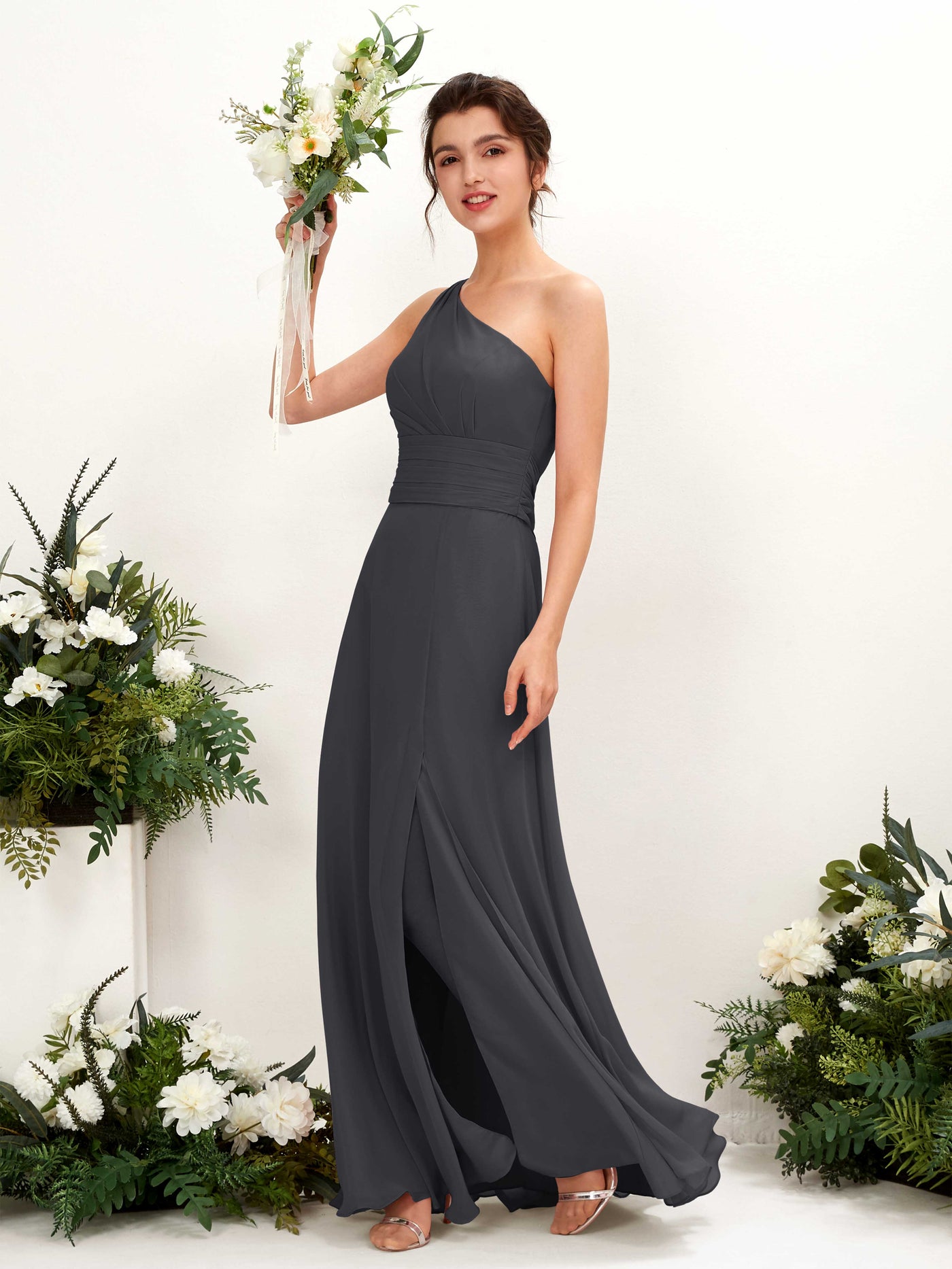 Pewter Bridesmaid Dresses Bridesmaid Dress A-line Chiffon One Shoulder Full Length Sleeveless Wedding Party Dress (81224738)#color_pewter