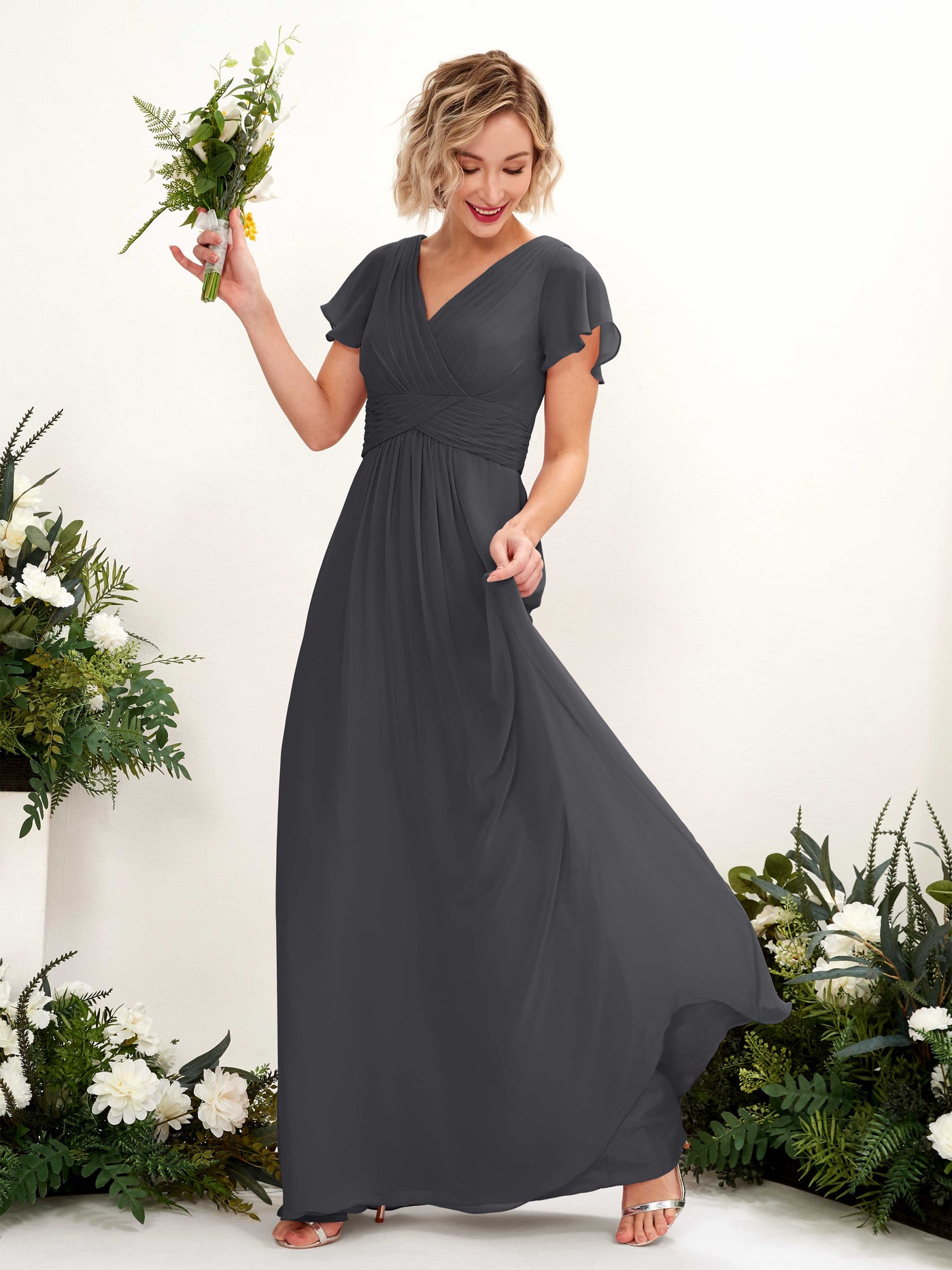 Pewter Bridesmaid Dresses Bridesmaid Dress A-line Chiffon V-neck Full Length Short Sleeves Wedding Party Dress (81224338)#color_pewter