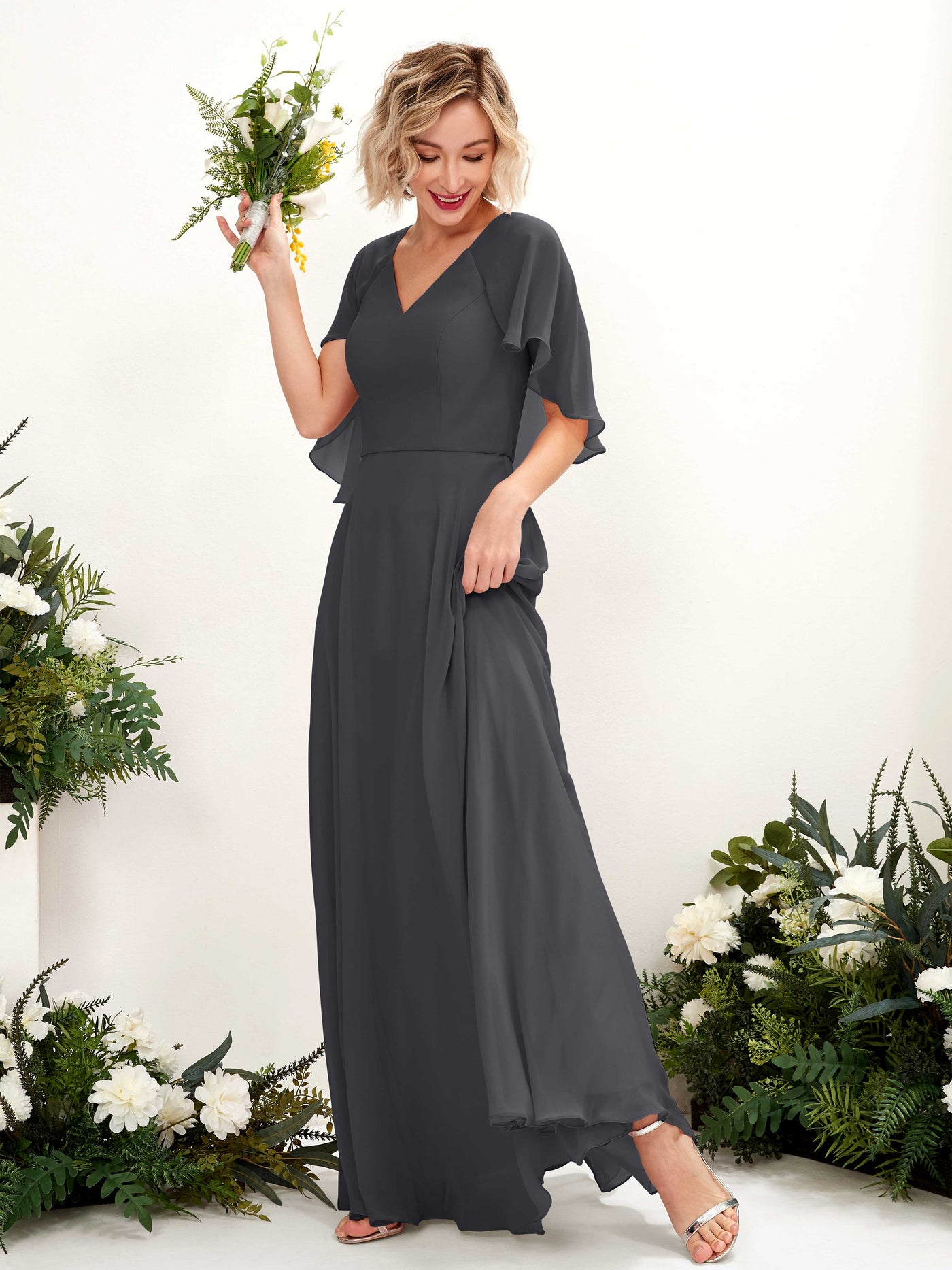 Pewter Bridesmaid Dresses Bridesmaid Dress A-line Chiffon V-neck Full Length Short Sleeves Wedding Party Dress (81224438)#color_pewter