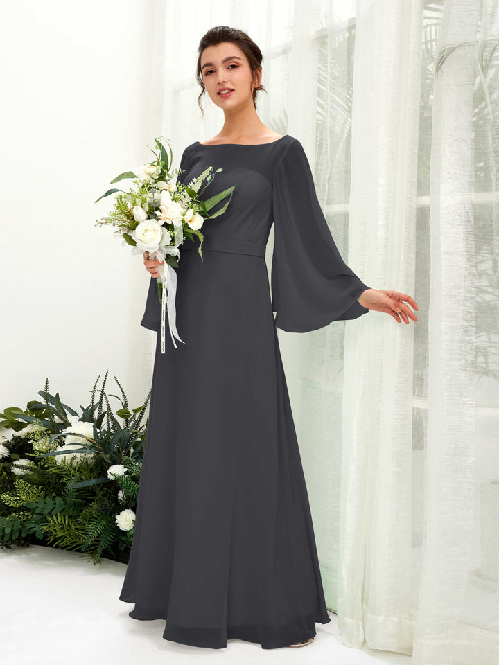 Pewter Bridesmaid Dresses Bridesmaid Dress A-line Chiffon Bateau Full Length Long Sleeves Wedding Party Dress (81220538)