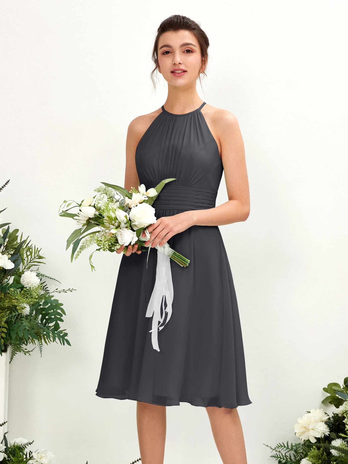 Pewter Bridesmaid Dresses Bridesmaid Dress A-line Chiffon Halter Knee Length Sleeveless Wedding Party Dress (81220138)#color_pewter