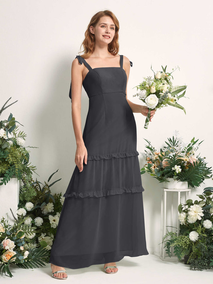 Bridesmaid Dress Chiffon Straps Full Length Sleeveless Wedding Party Dress - Pewter (81227538)