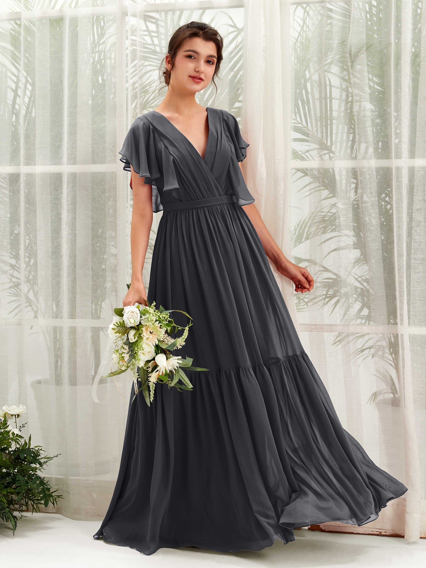 Pewter Bridesmaid Dresses Bridesmaid Dress A-line Chiffon V-neck Full Length Short Sleeves Wedding Party Dress (81225938)#color_pewter