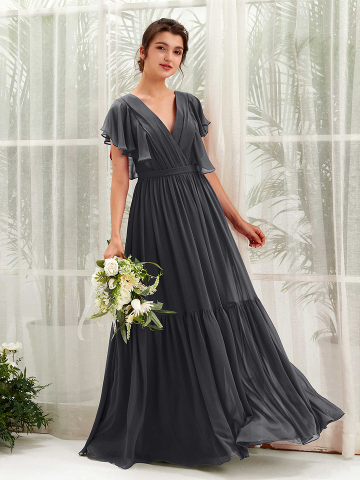 Pewter Bridesmaid Dresses Bridesmaid Dress A-line Chiffon V-neck Full Length Short Sleeves Wedding Party Dress (81225938)