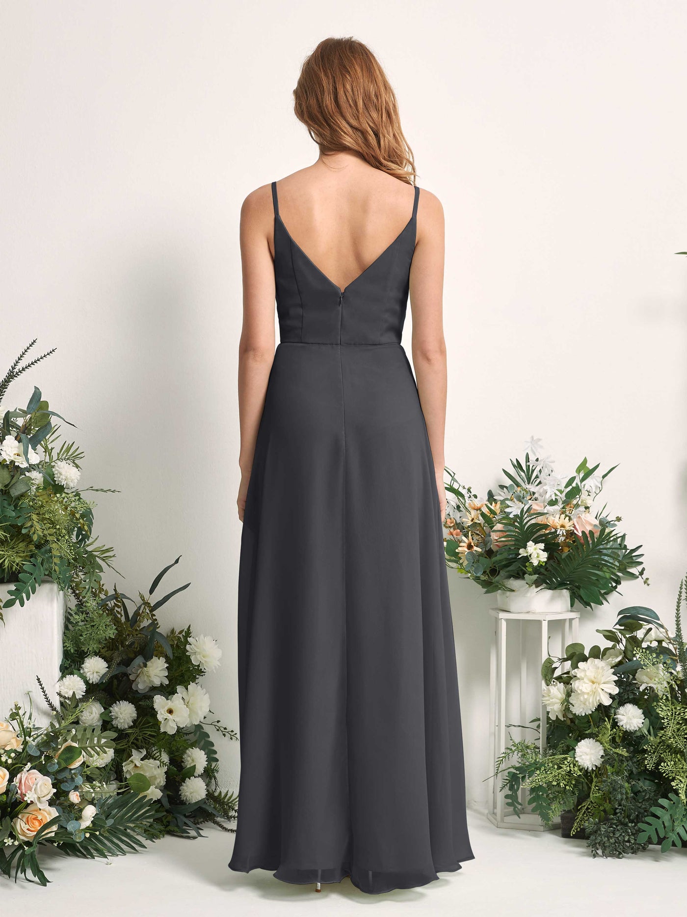 Bridesmaid Dress A-line Chiffon Spaghetti-straps Full Length Sleeveless Wedding Party Dress - Pewter (81227238)#color_pewter