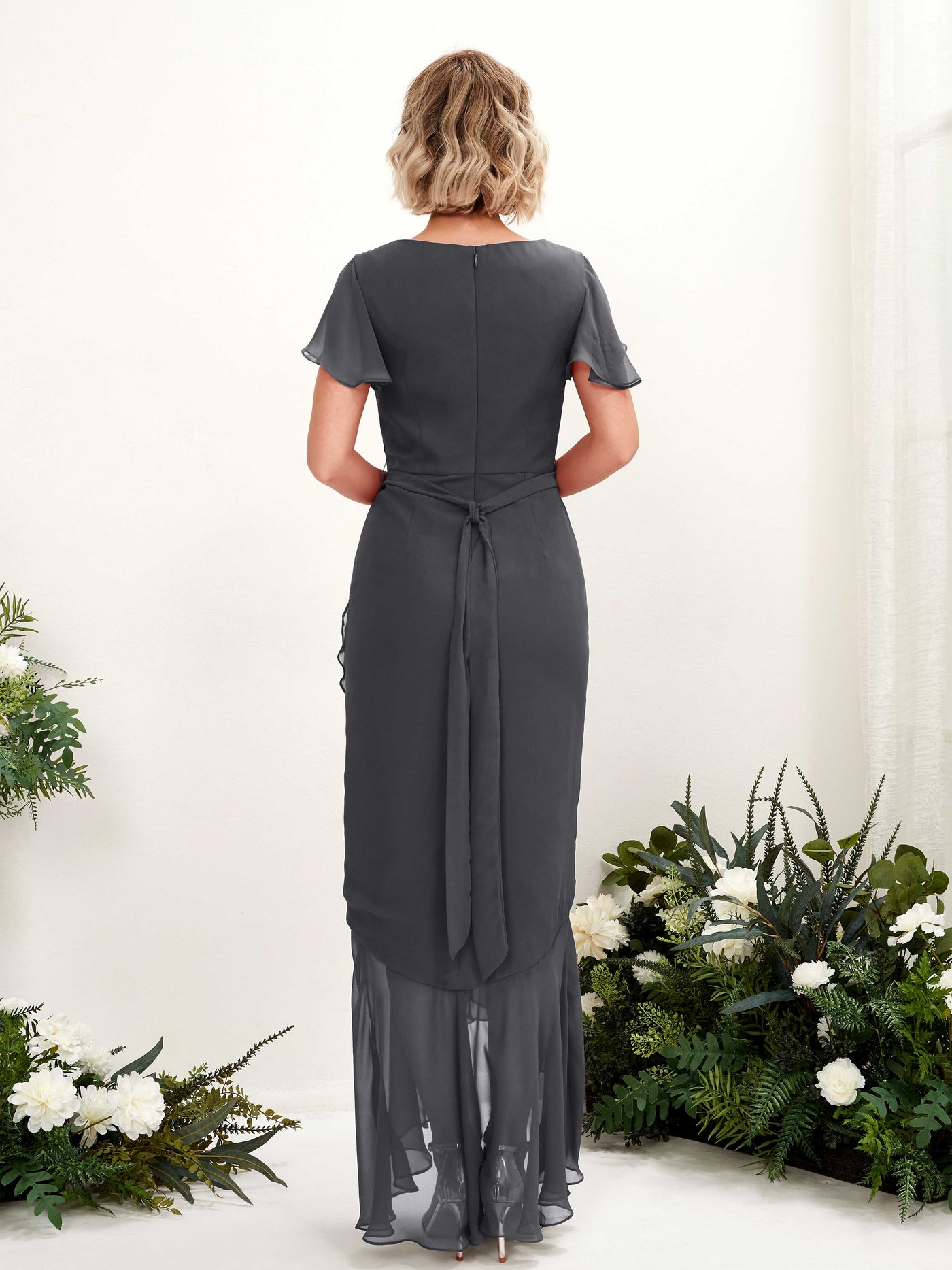V-neck Short Sleeves Chiffon Bridesmaid Dress - Pewter (81226238)#color_pewter