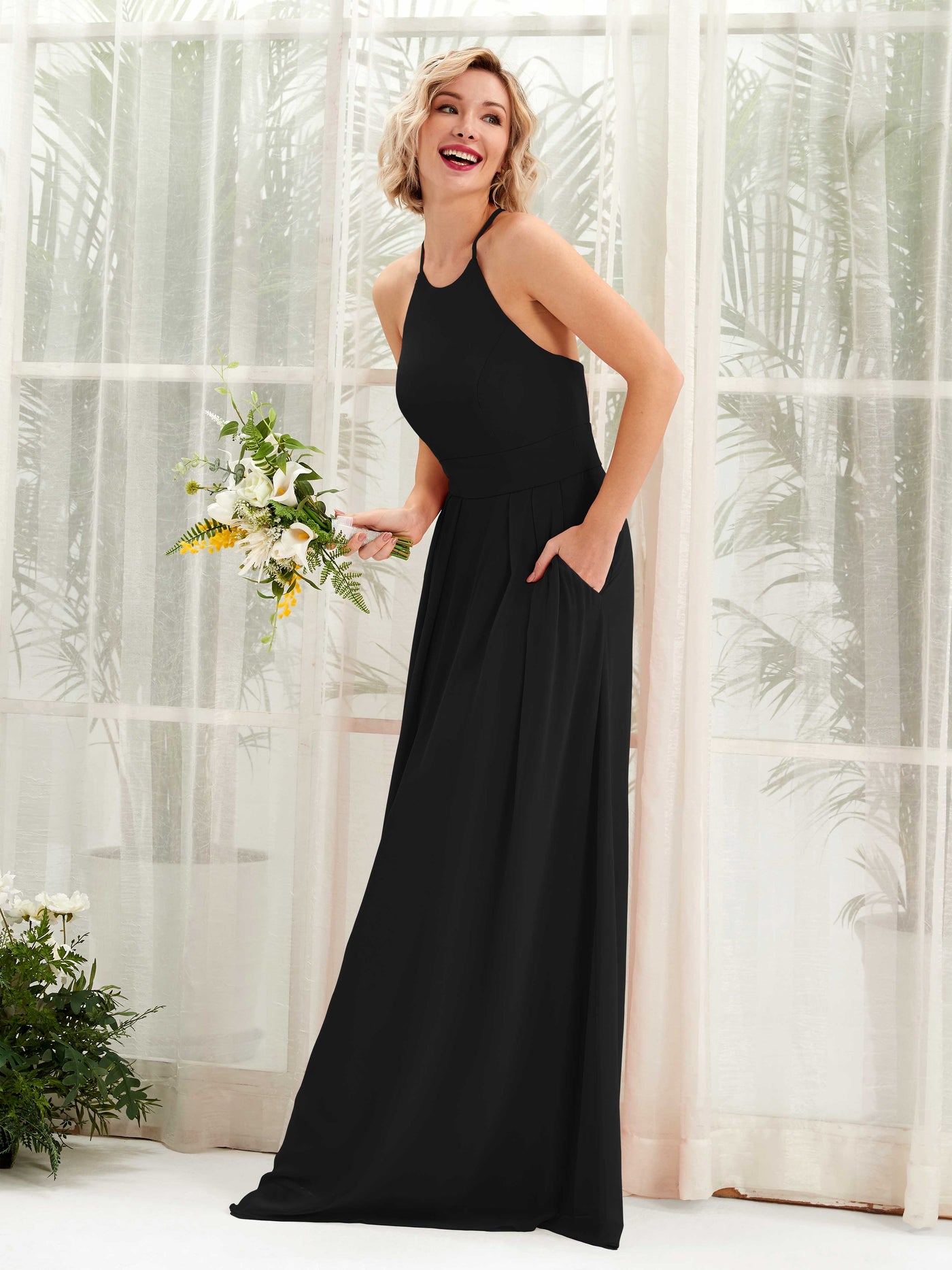 Black Bridesmaid Dresses Bridesmaid Dress A-line Chiffon Halter Full Length Sleeveless Wedding Party Dress (81225215)#color_black