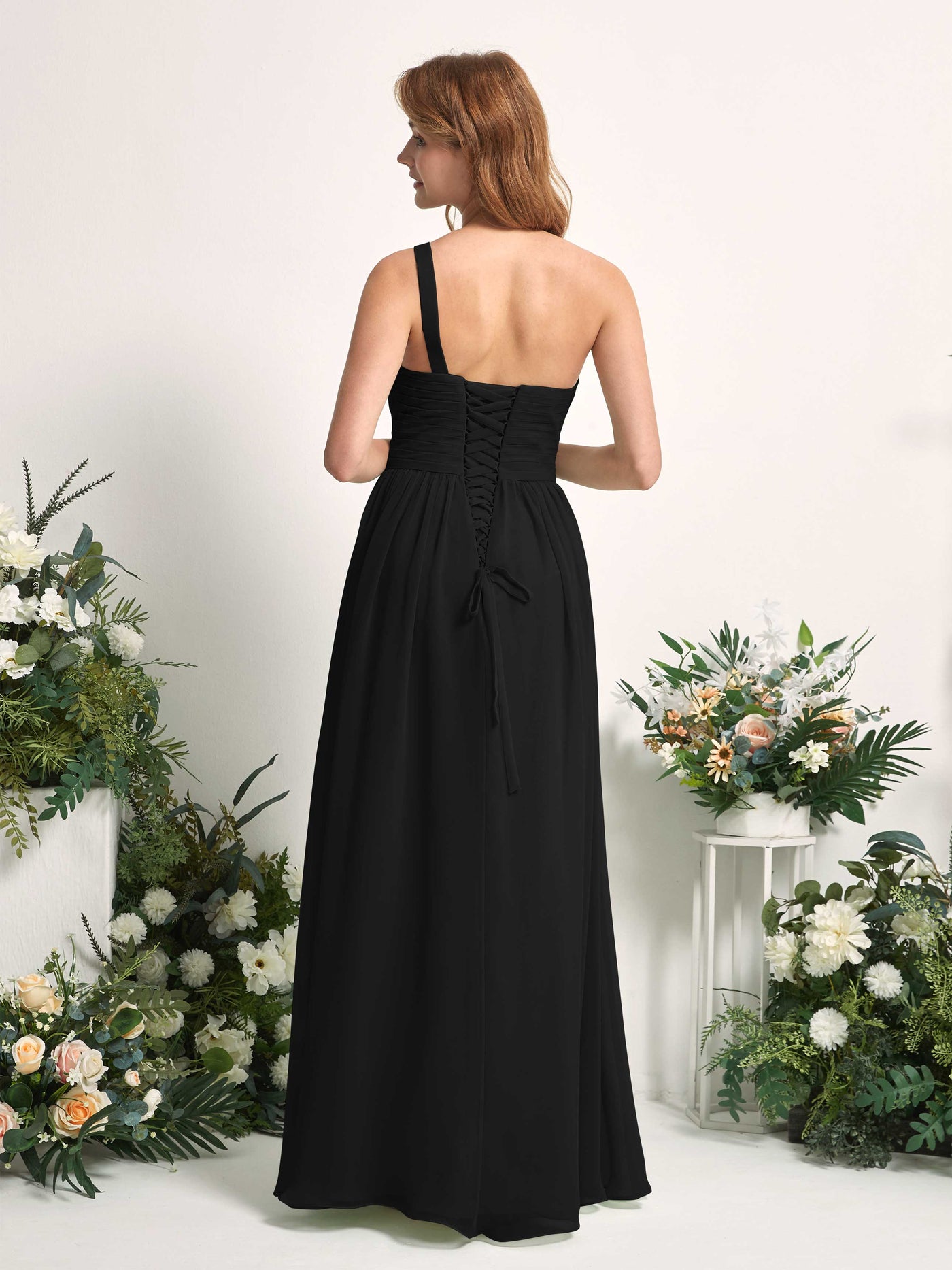 Bridesmaid Dress A-line Chiffon One Shoulder Full Length Sleeveless Wedding Party Dress - Black (81226715)#color_black