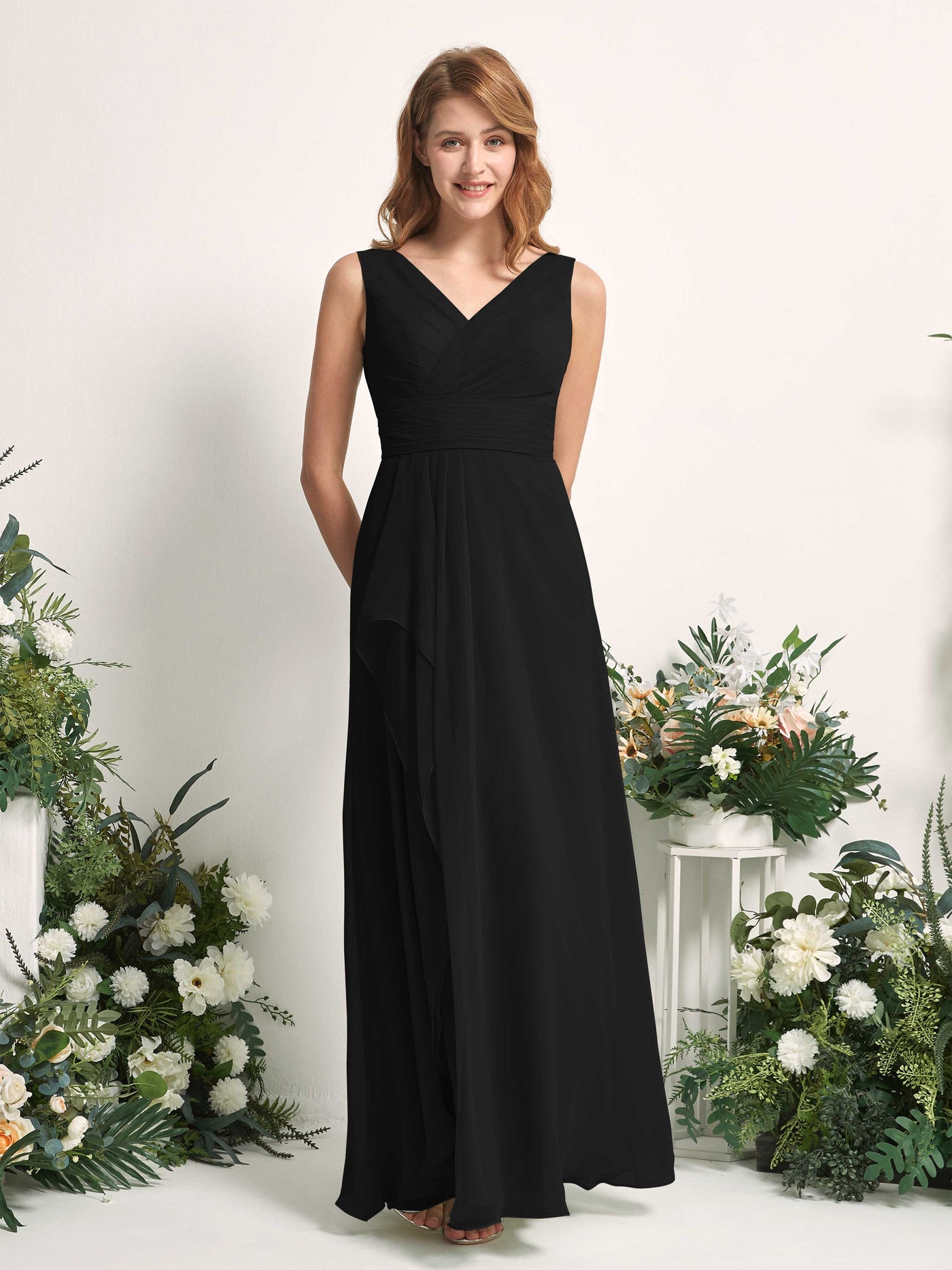 Bridesmaid Dress A-line Chiffon V-neck Full Length Sleeveless Wedding Party Dress - Black (81227115)#color_black